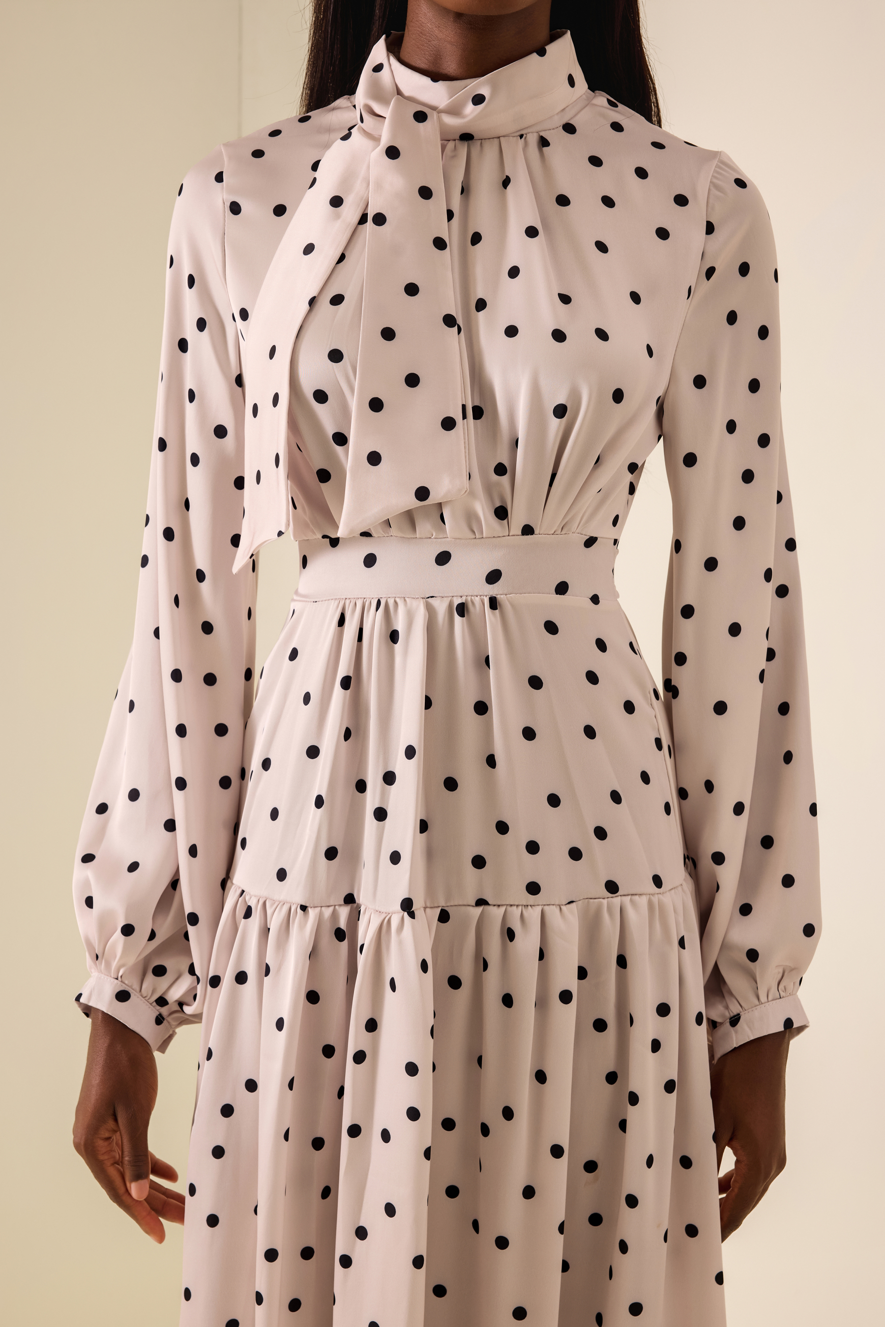 Polka Dot Stand Collar Gathering Maxi Dress