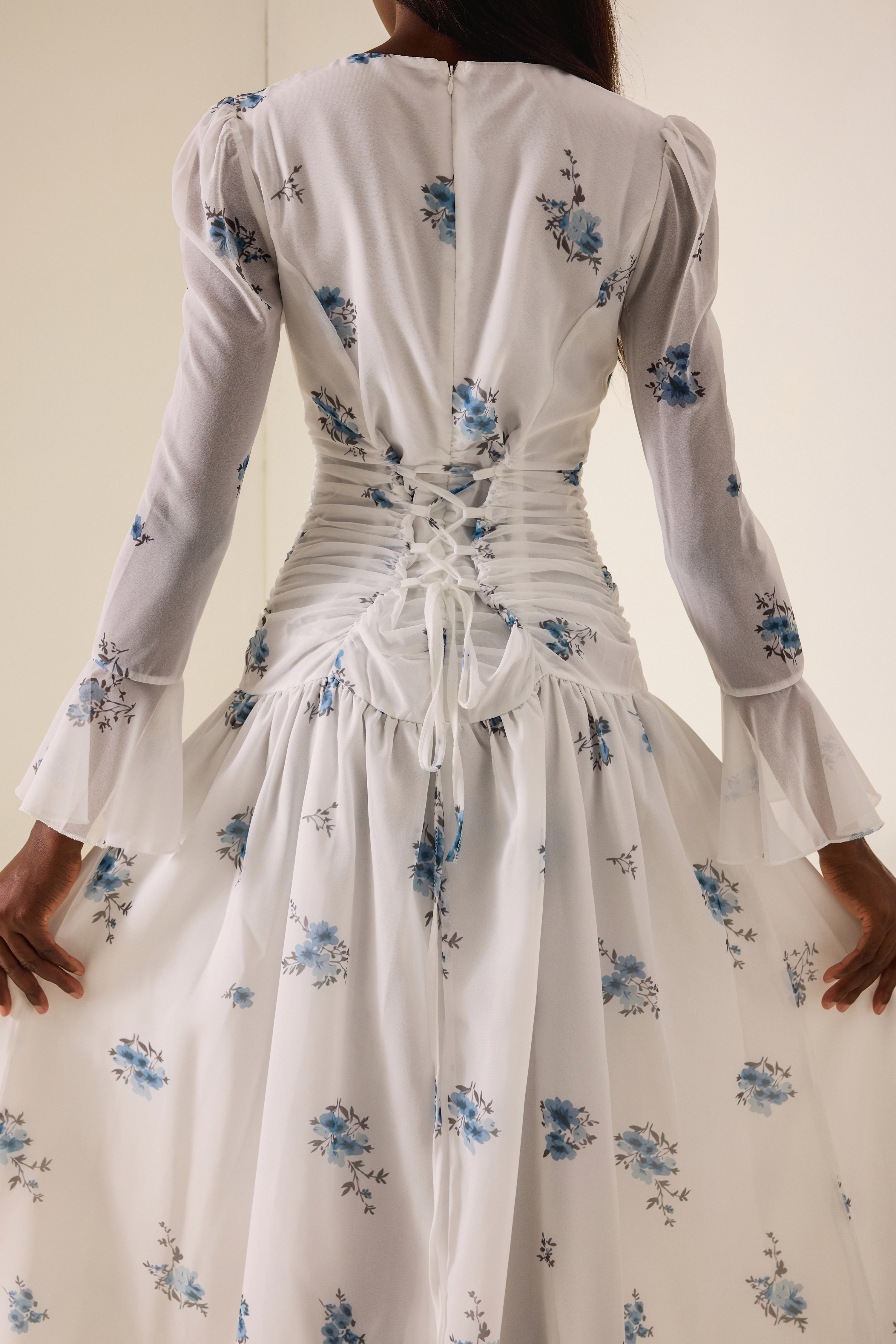 Floral Gathering Bell Sleeve Maxi Dress