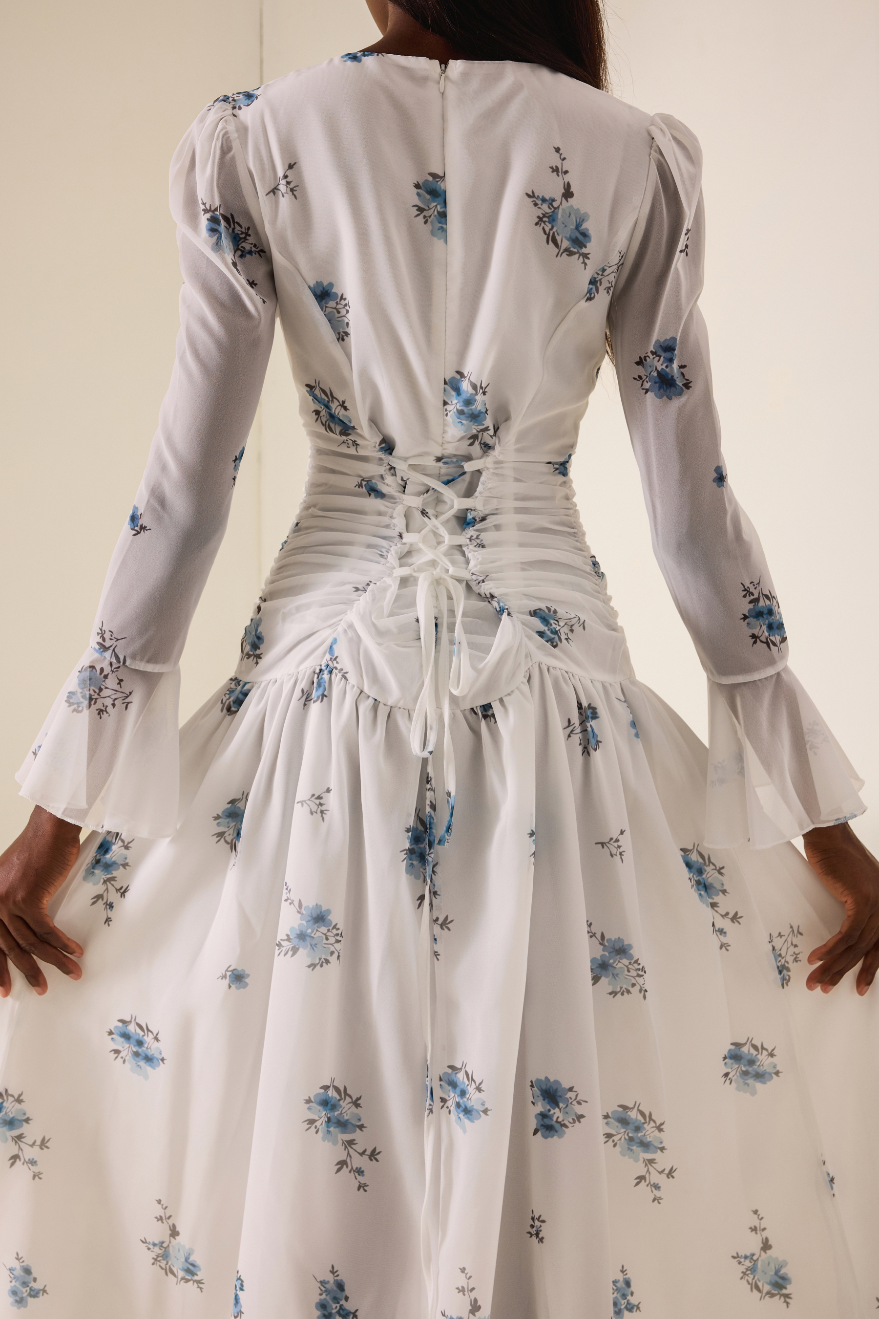 Floral Gathering Bell Sleeve Maxi Dress