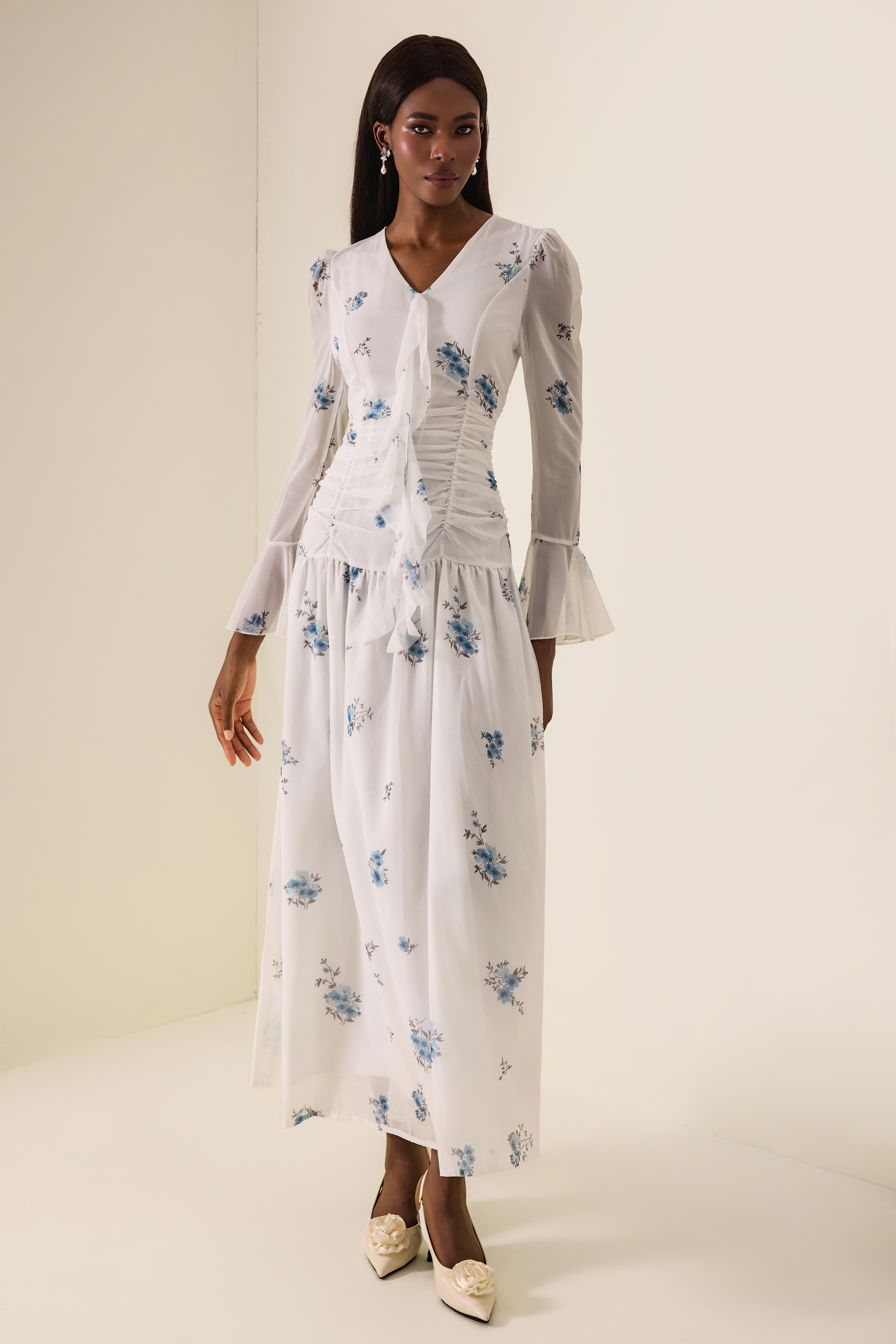 Floral Gathering Bell Sleeve Maxi Dress