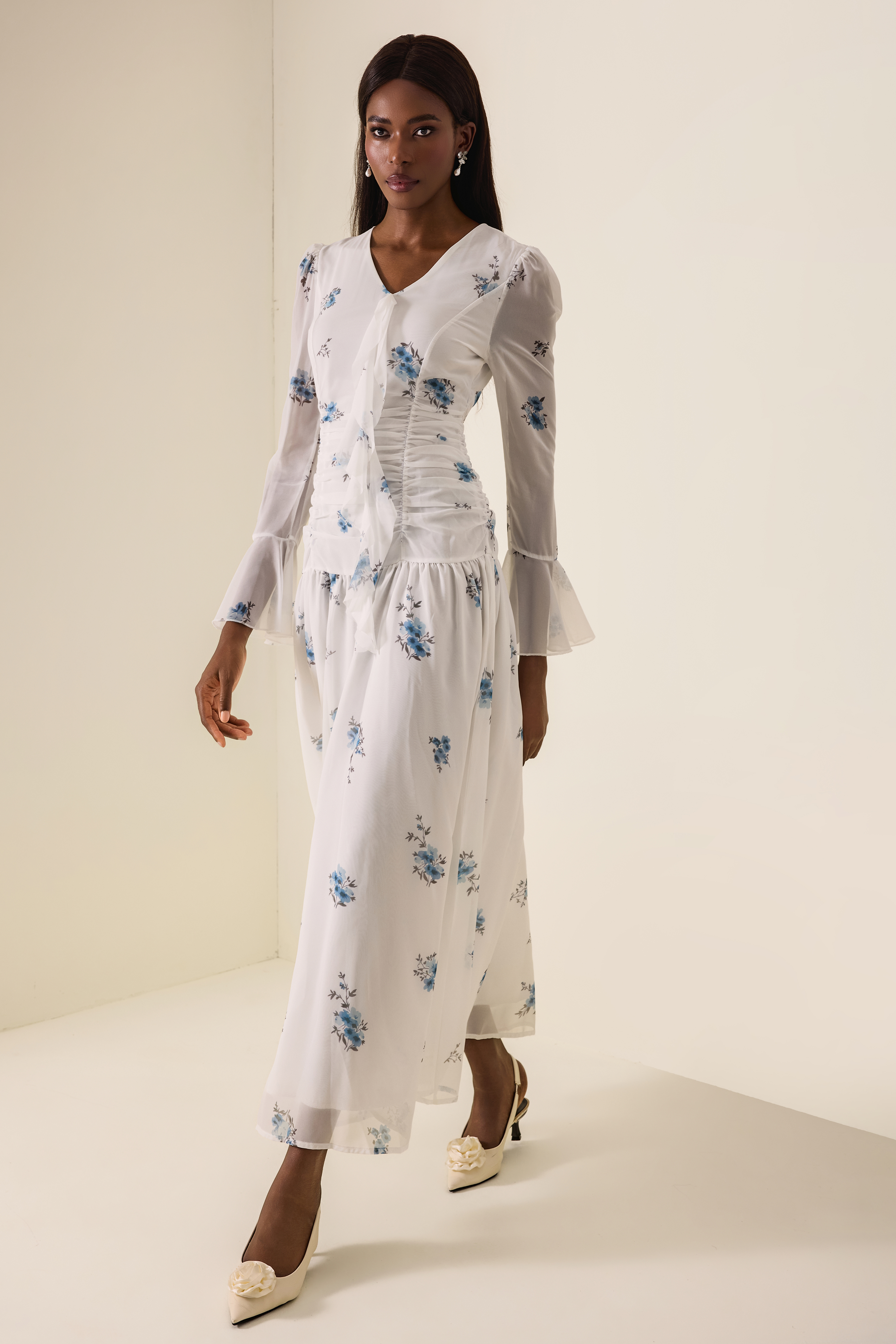 Floral Gathering Bell Sleeve Maxi Dress