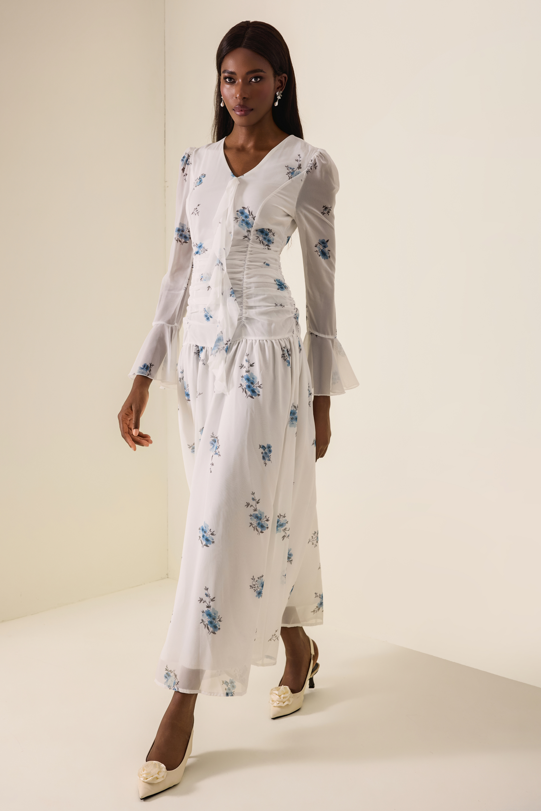 Floral Gathering Bell Sleeve Maxi Dress