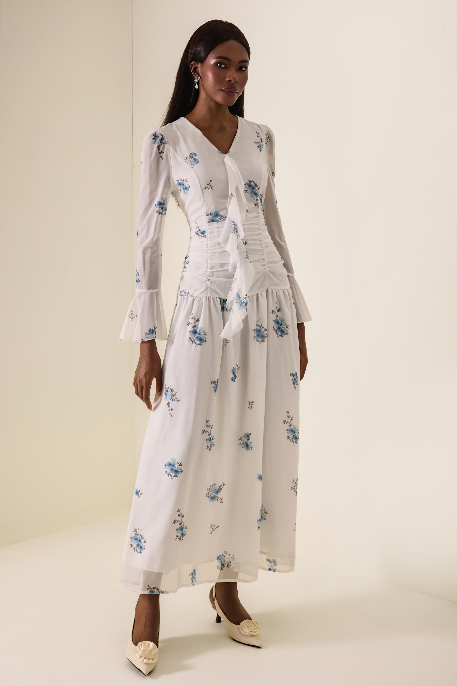 Floral Gathering Bell Sleeve Maxi Dress