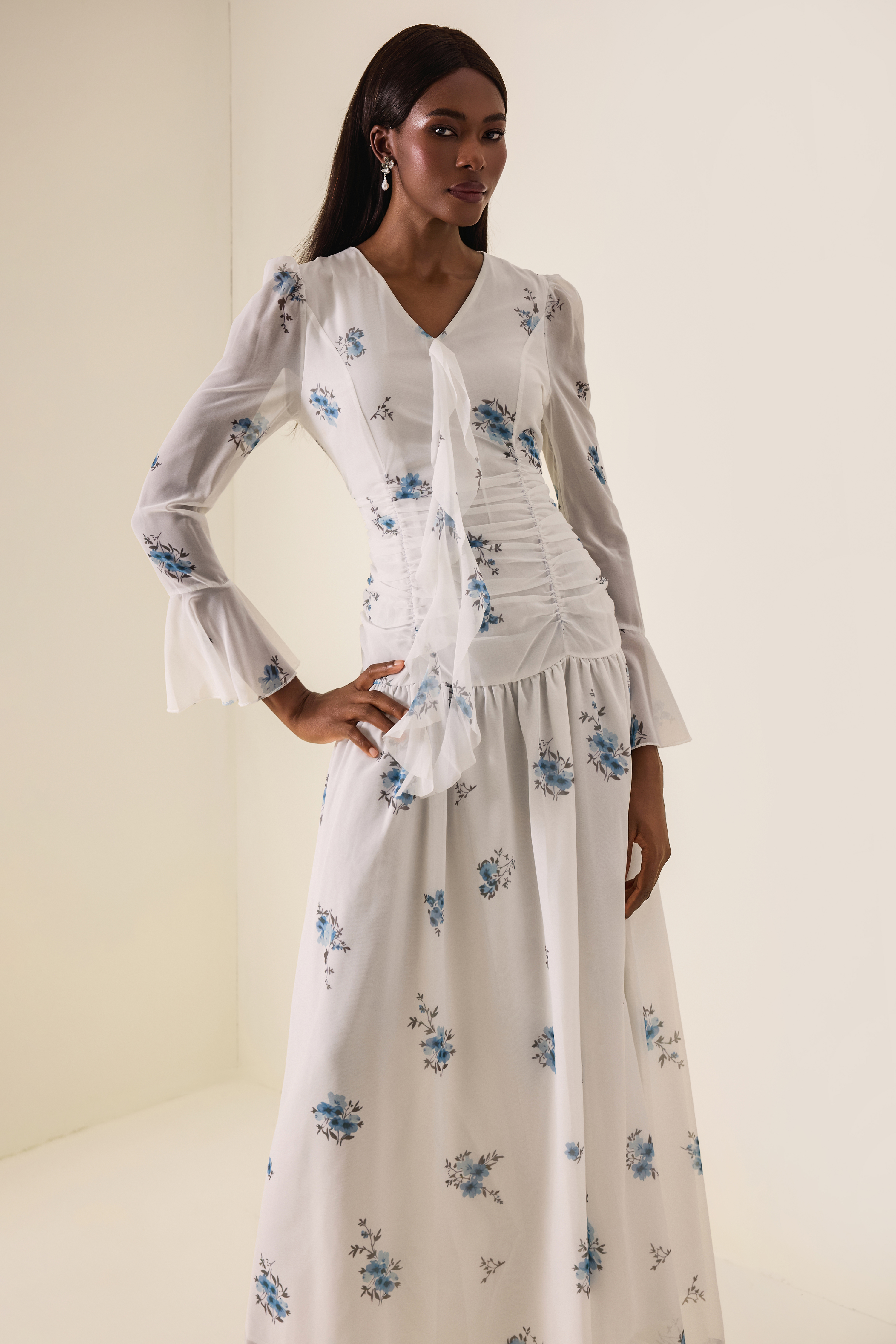 Floral Gathering Bell Sleeve Maxi Dress