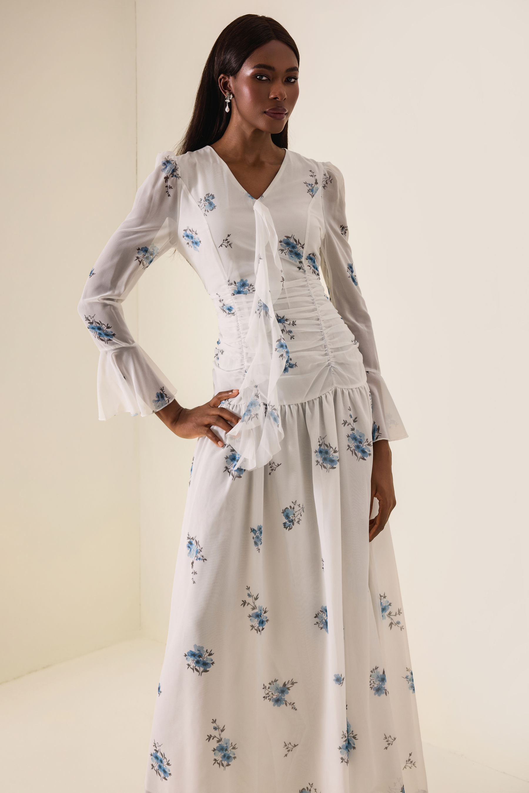 Floral Gathering Bell Sleeve Maxi Dress