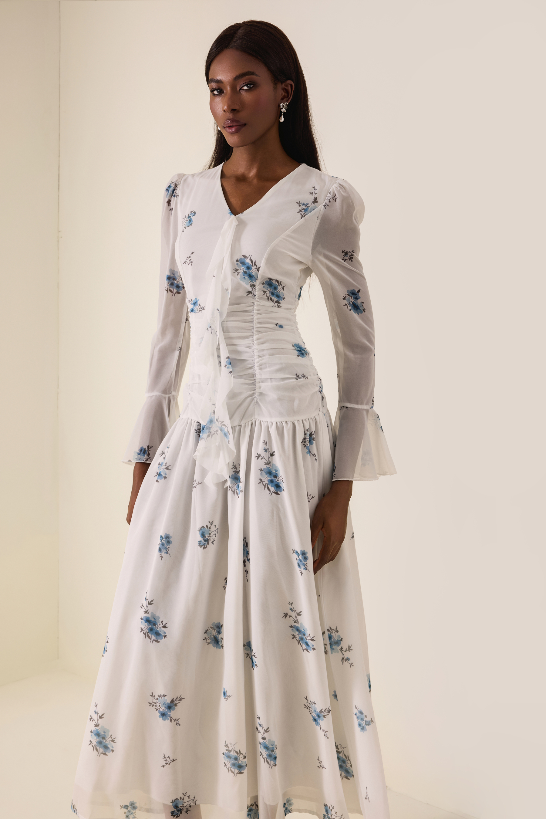 Floral Gathering Bell Sleeve Maxi Dress