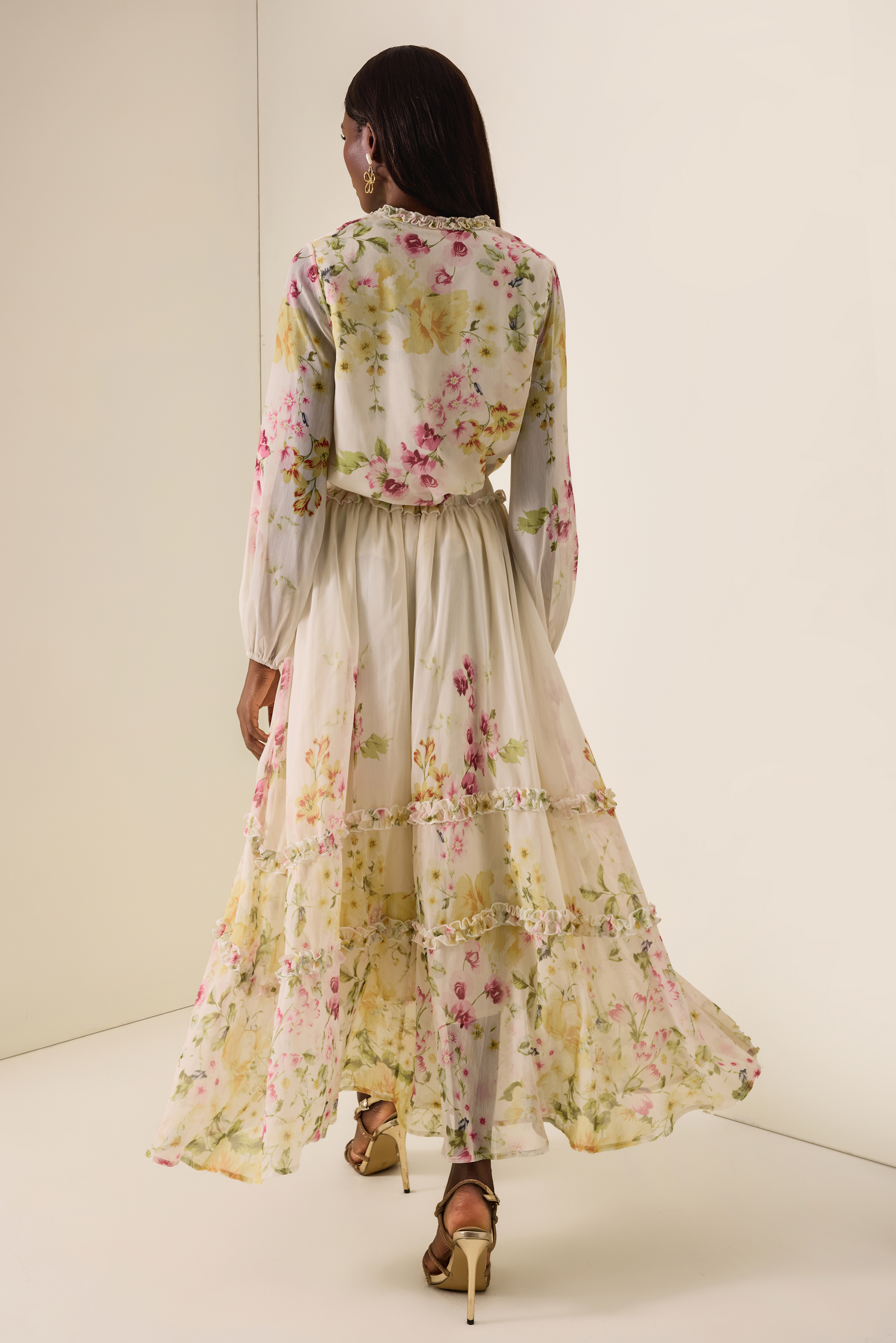 Floral Lantern Sleeve Top & High Waist Frill Midi Skirt Set