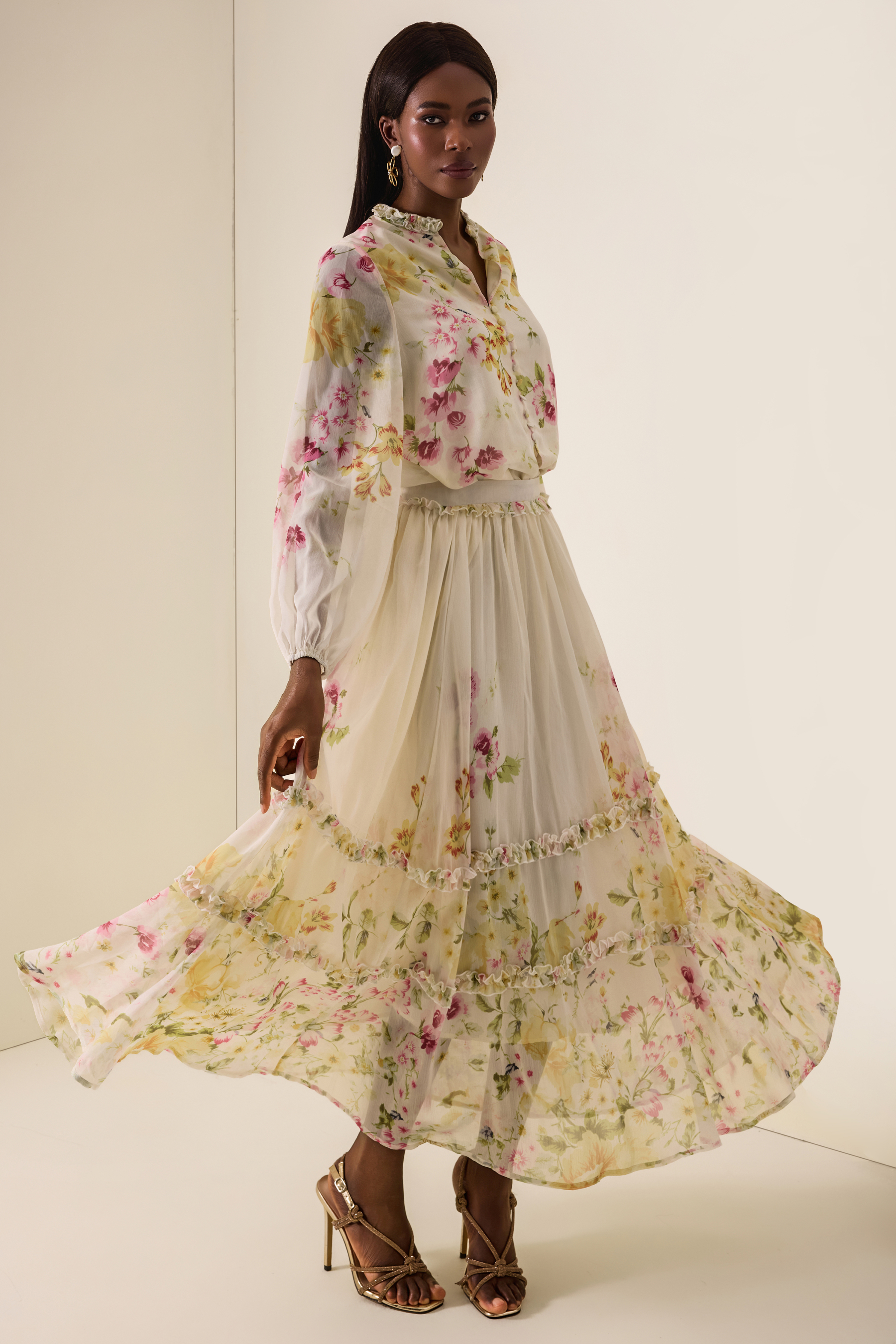 Floral Lantern Sleeve Top & High Waist Frill Midi Skirt Set
