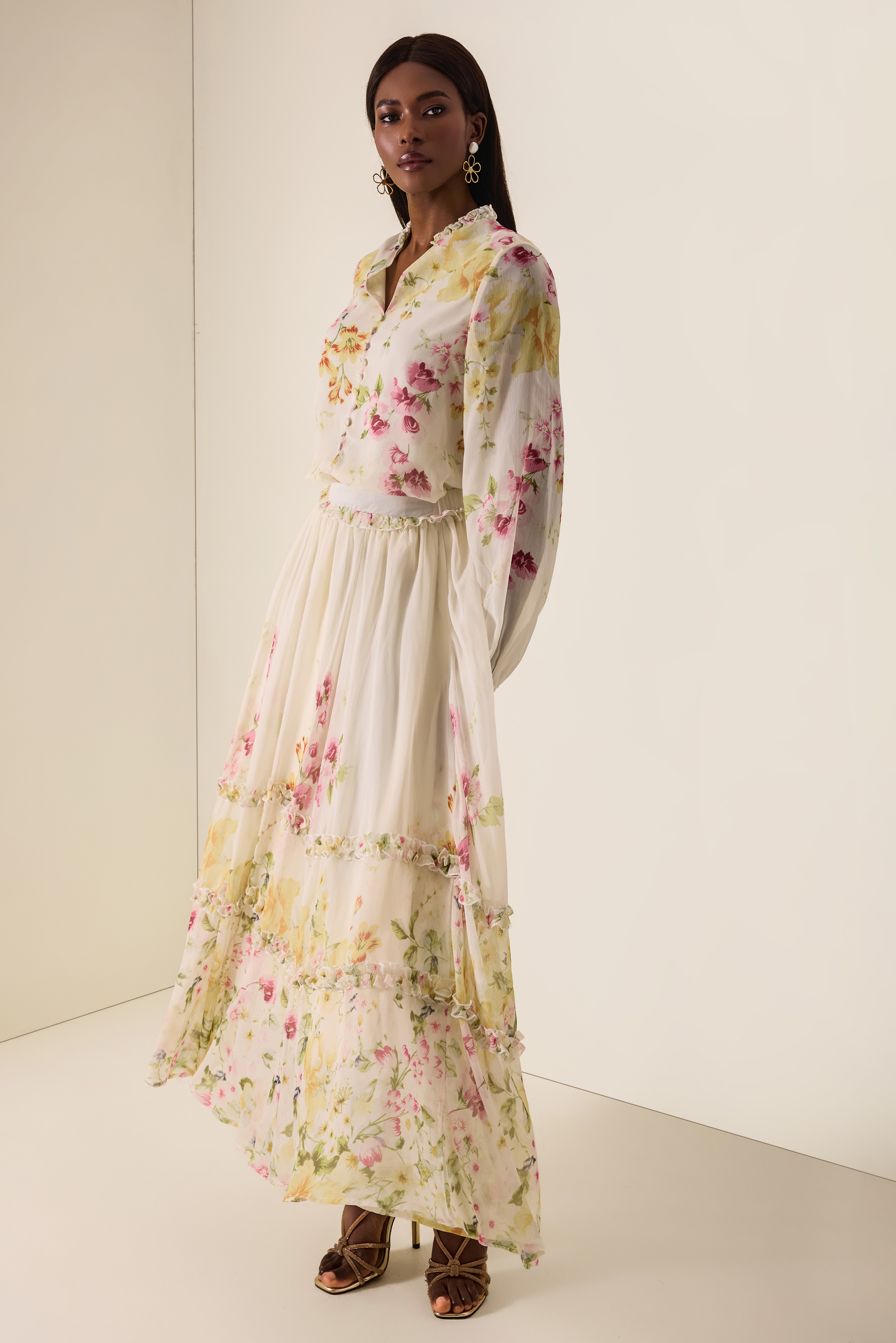 Floral Lantern Sleeve Top & High Waist Frill Midi Skirt Set