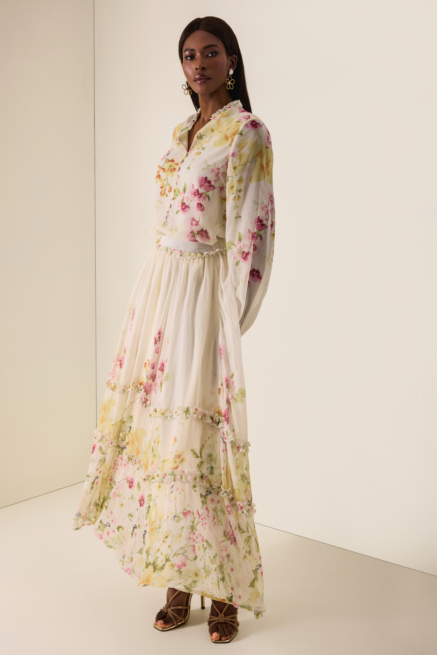 Floral Lantern Sleeve Top & High Waist Frill Midi Skirt Set