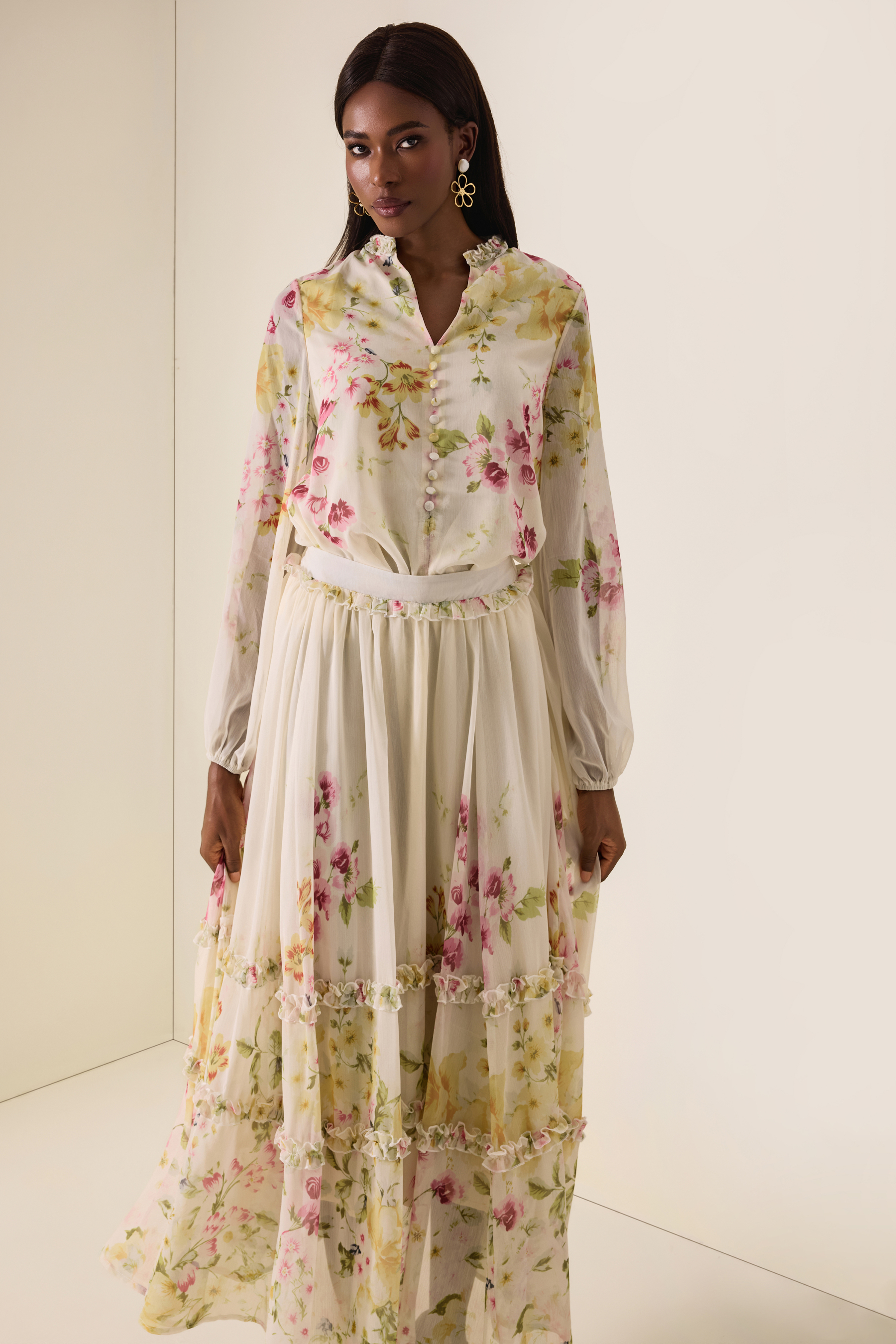 Floral Lantern Sleeve Top & High Waist Frill Midi Skirt Set