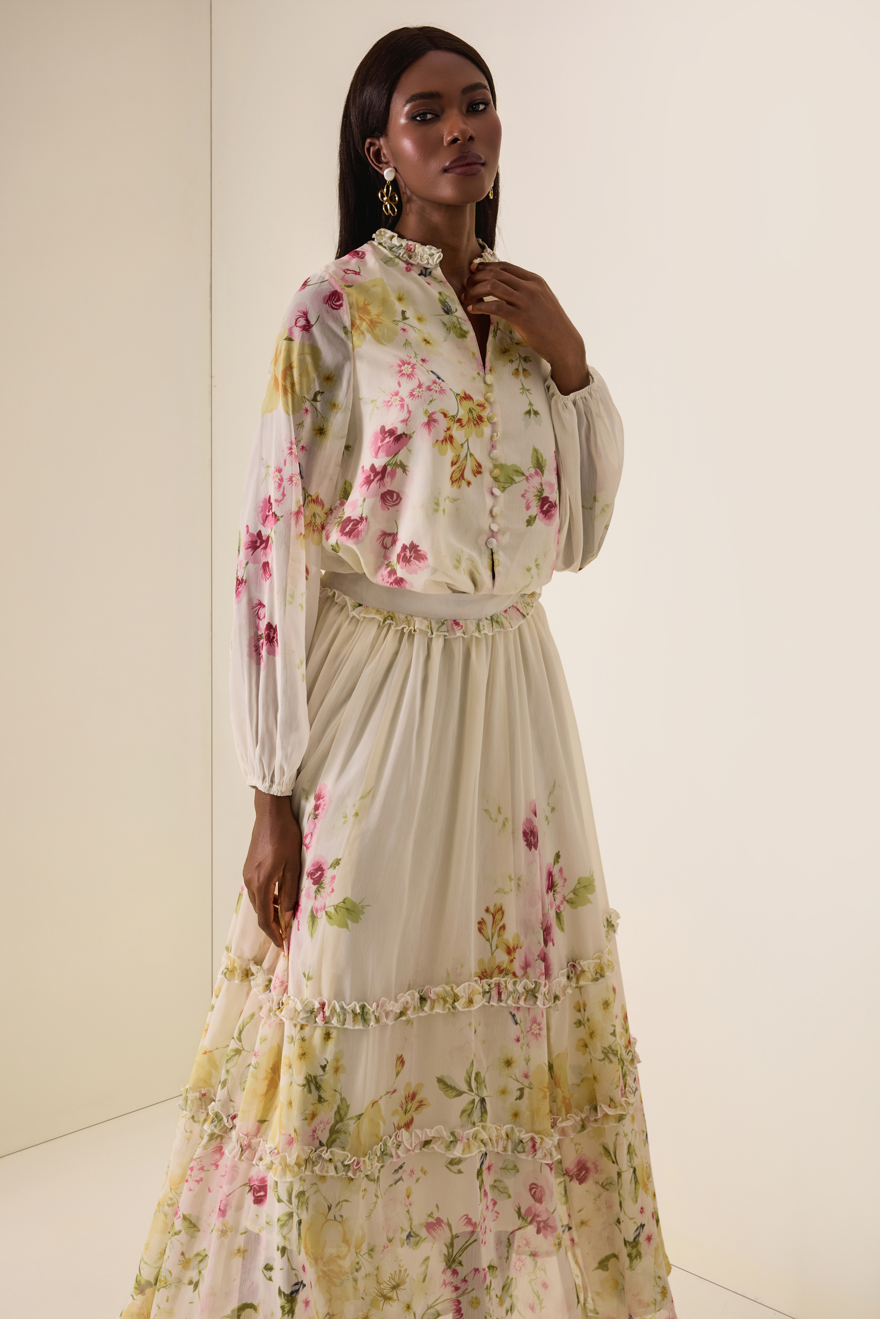 Floral Lantern Sleeve Top & High Waist Frill Midi Skirt Set
