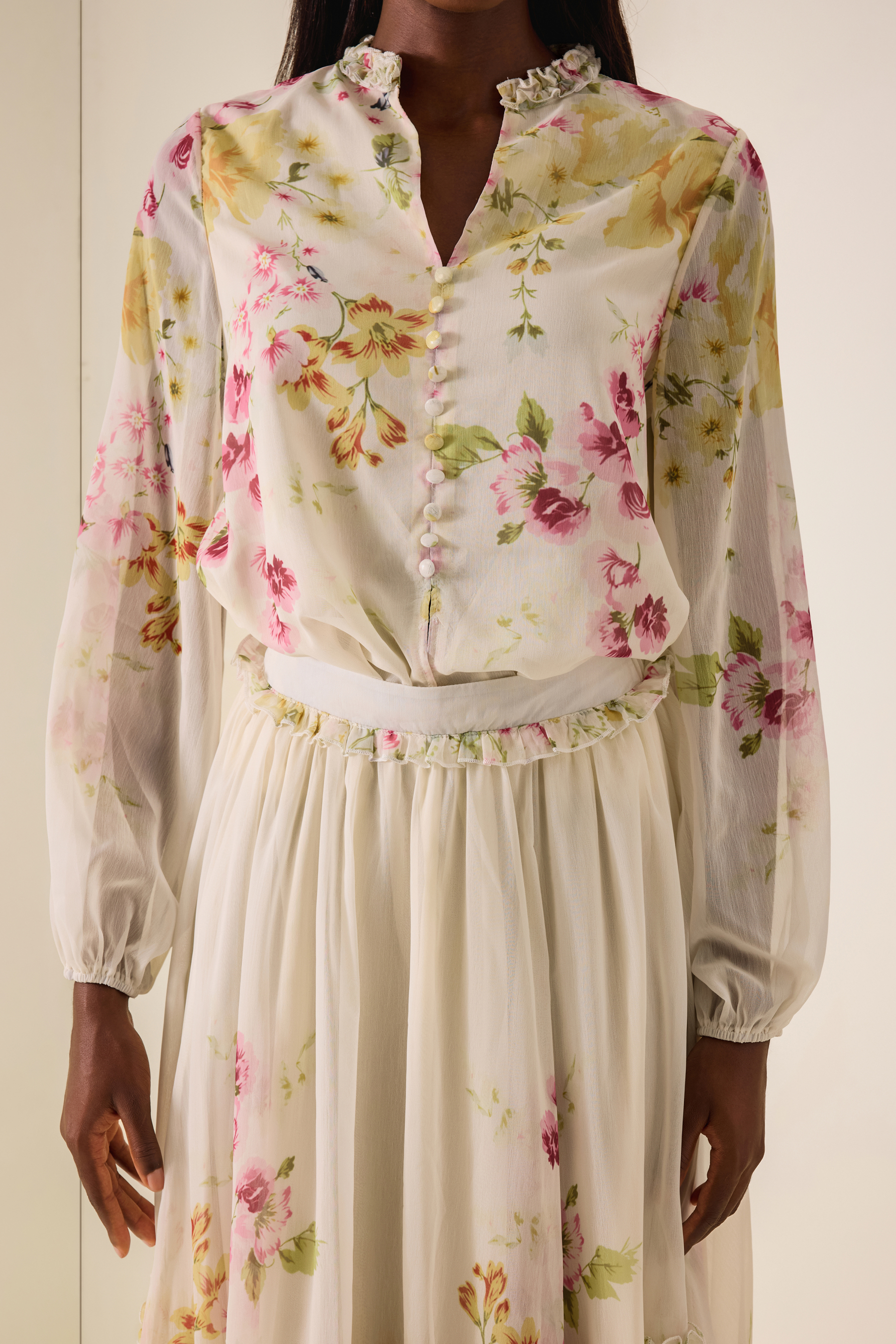 Floral Lantern Sleeve Top & High Waist Frill Midi Skirt Set