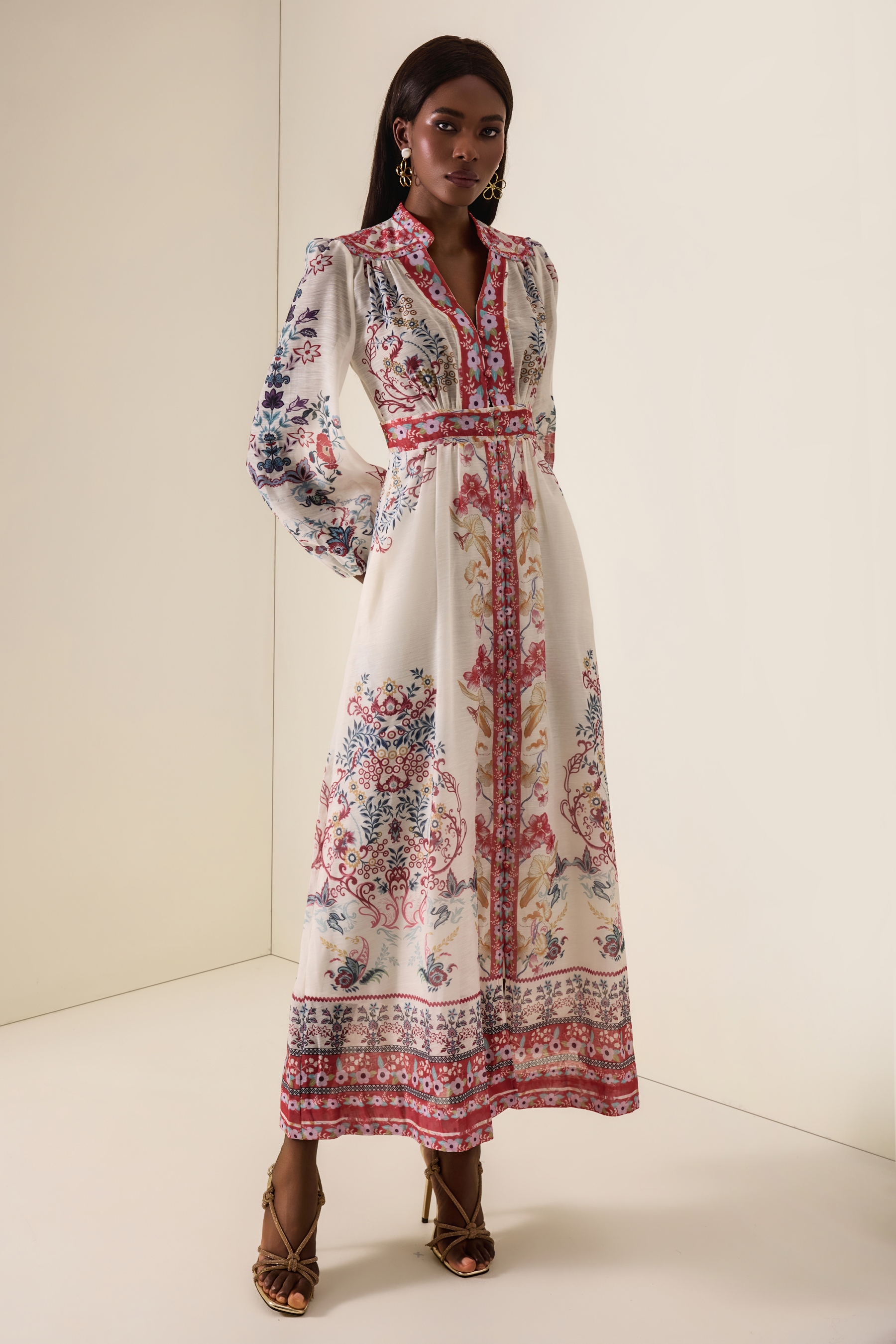 Floral Single Breasted Lantern Sleeve Midi Dress