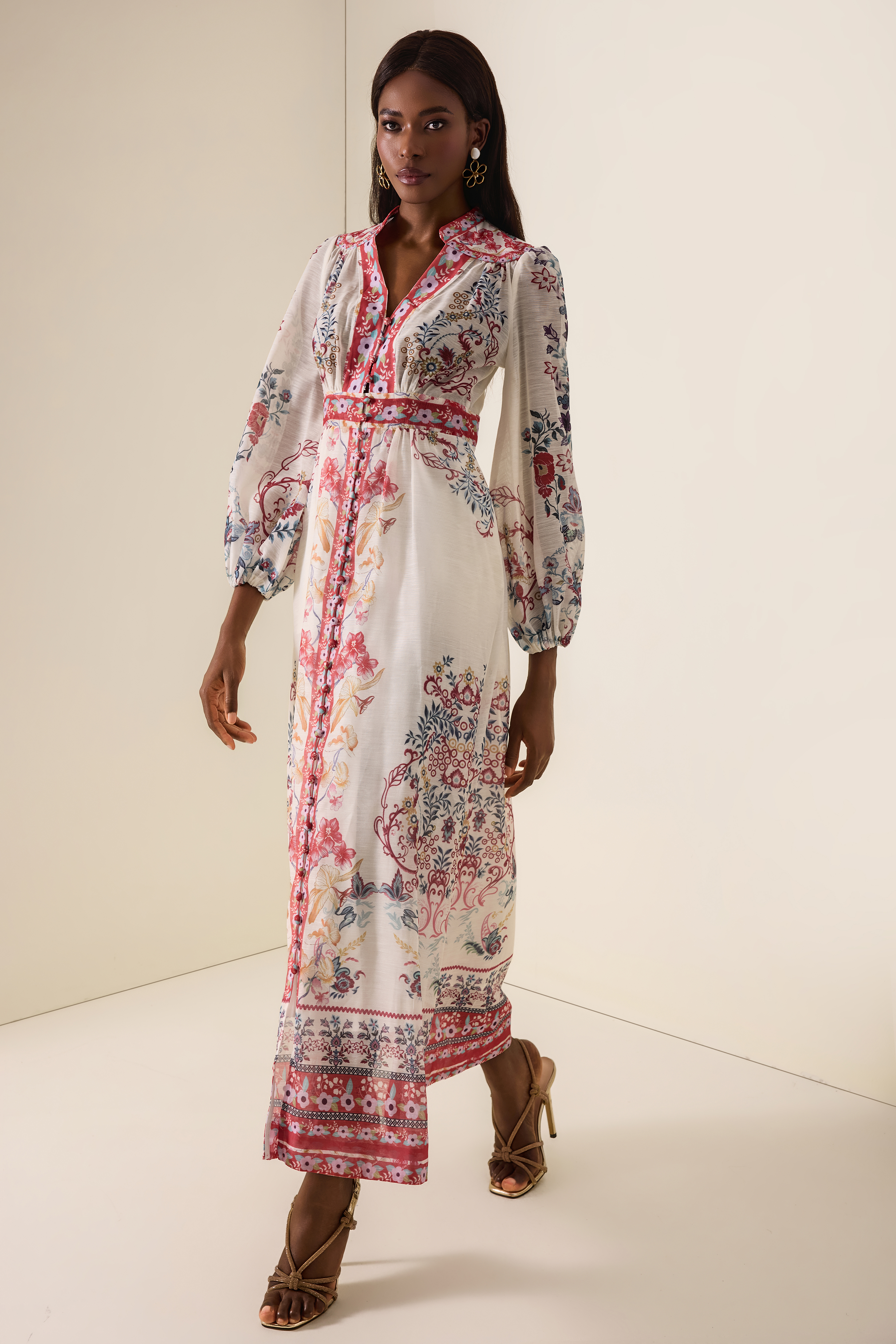 Floral Single Breasted Lantern Sleeve Midi Dress
