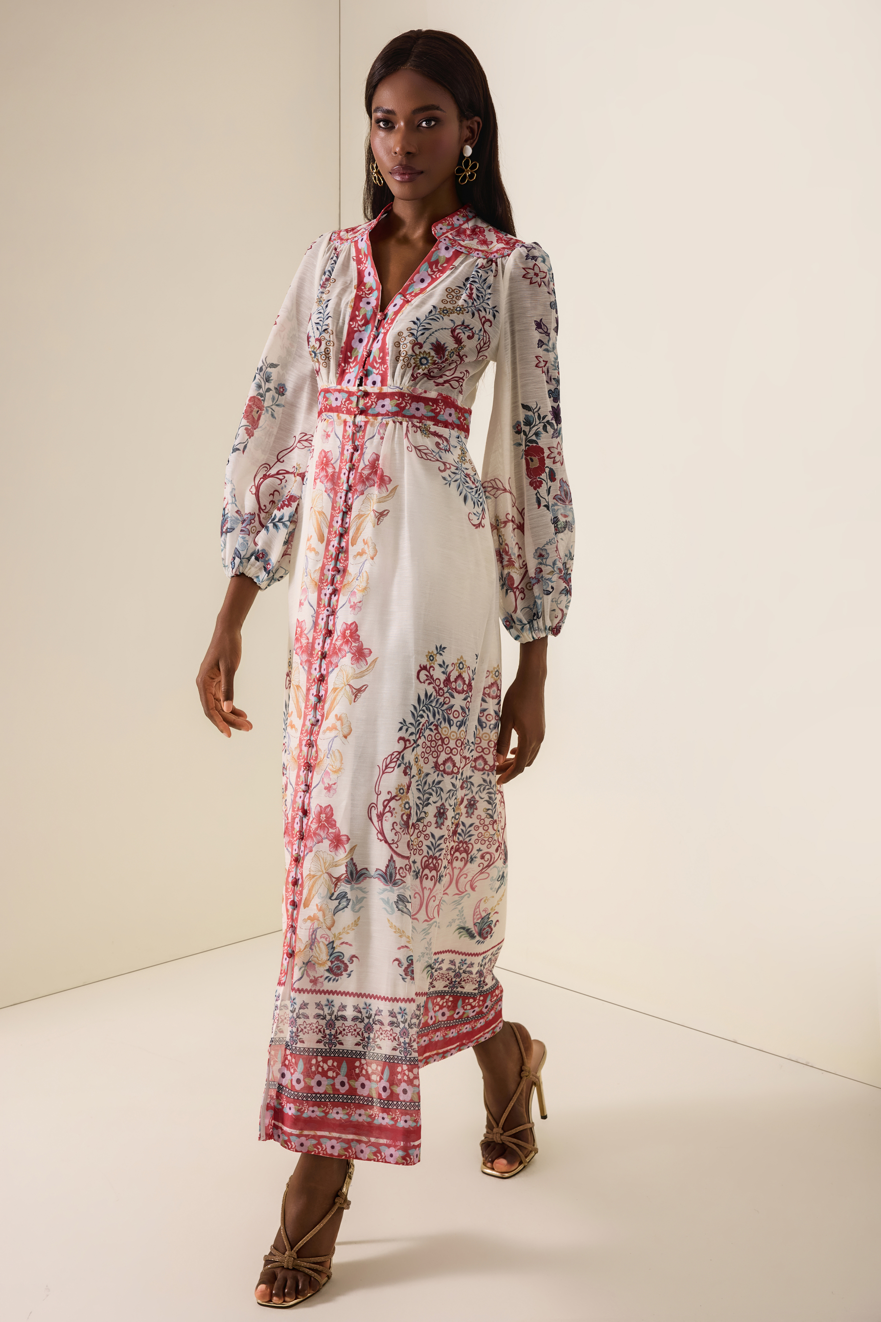 Floral Single Breasted Lantern Sleeve Midi Dress