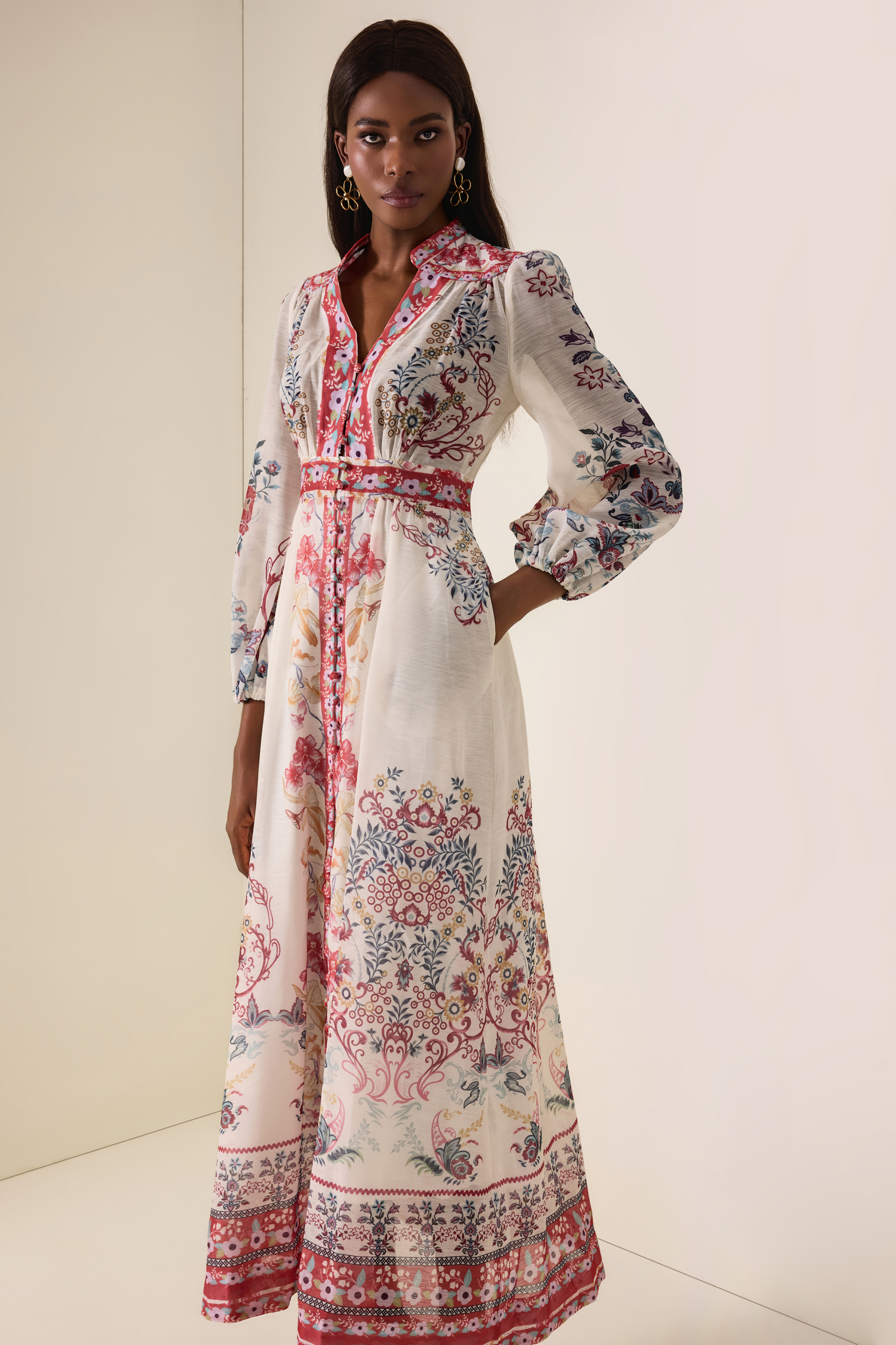 Floral Single Breasted Lantern Sleeve Midi Dress