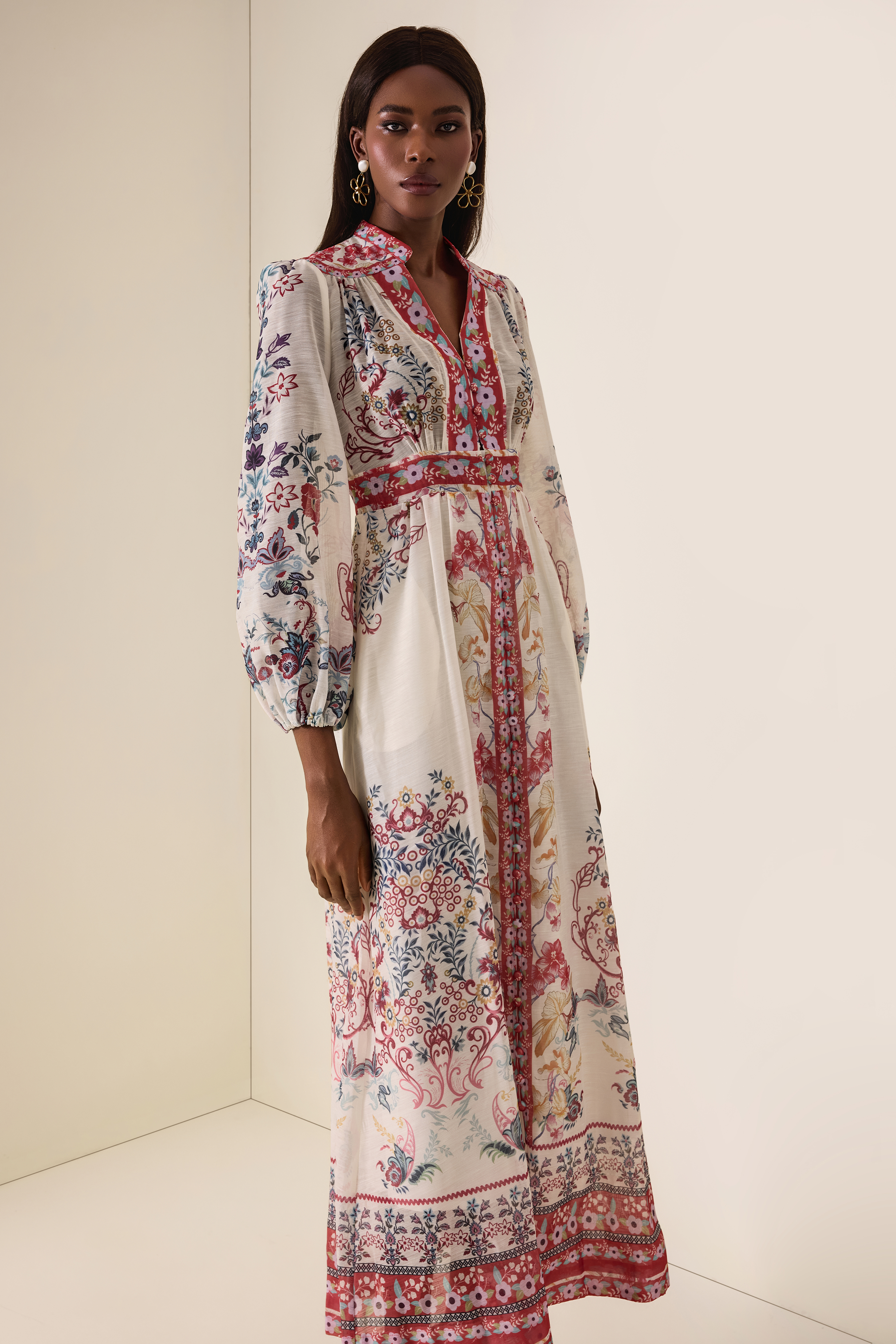 Floral Single Breasted Lantern Sleeve Midi Dress