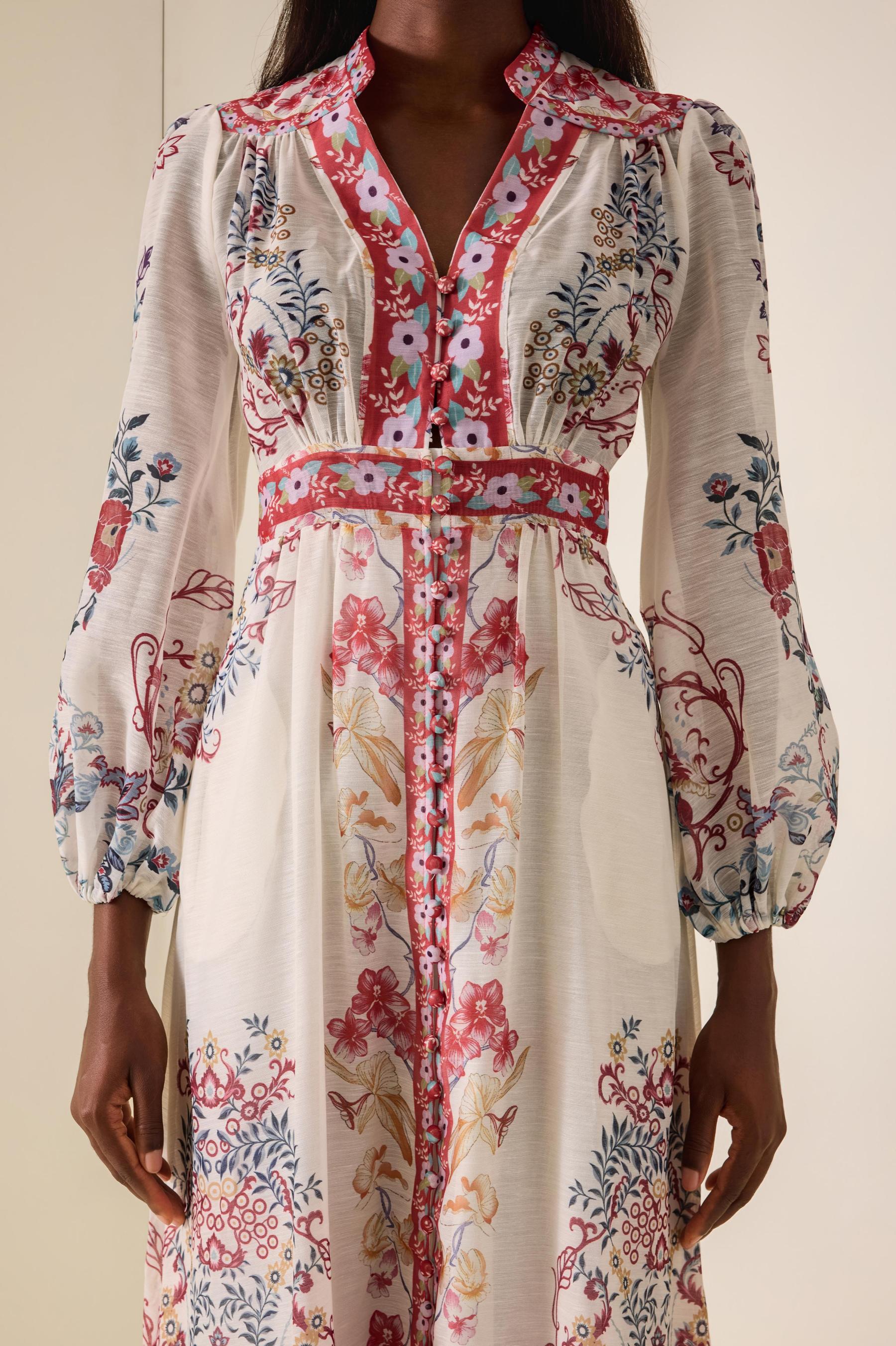 Floral Single Breasted Lantern Sleeve Midi Dress