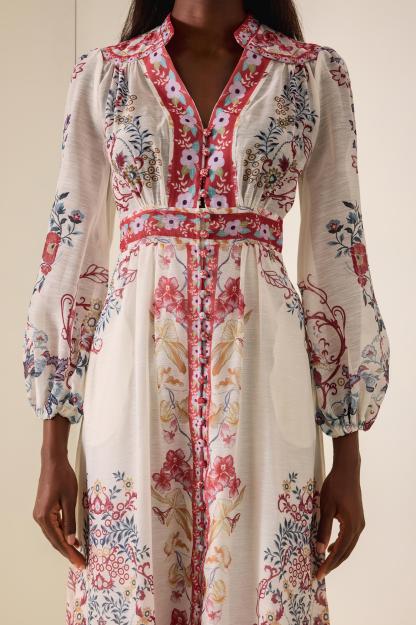 Floral Single Breasted Lantern Sleeve Midi Dress