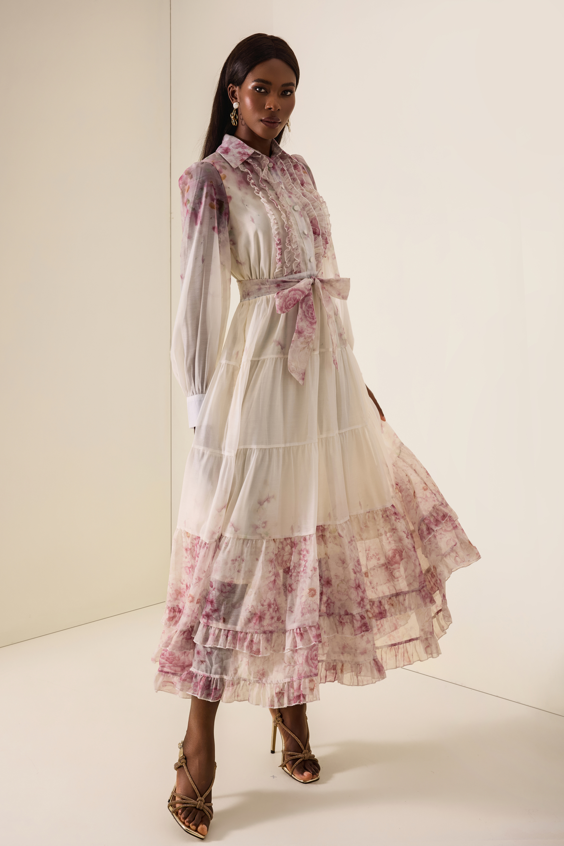 Floral Print  Lace-Up Frill Midi Dress