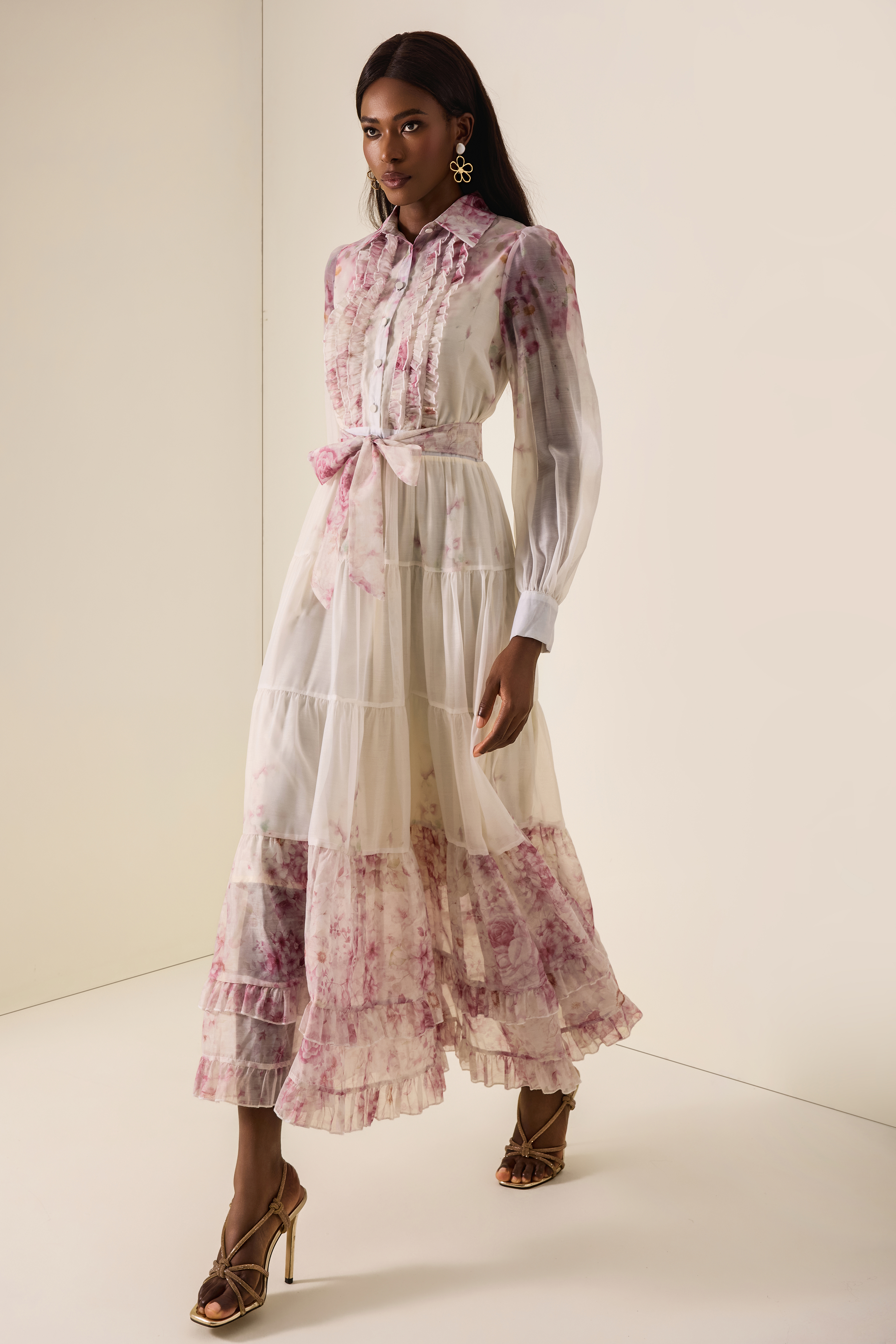 Floral Print  Lace-Up Frill Midi Dress