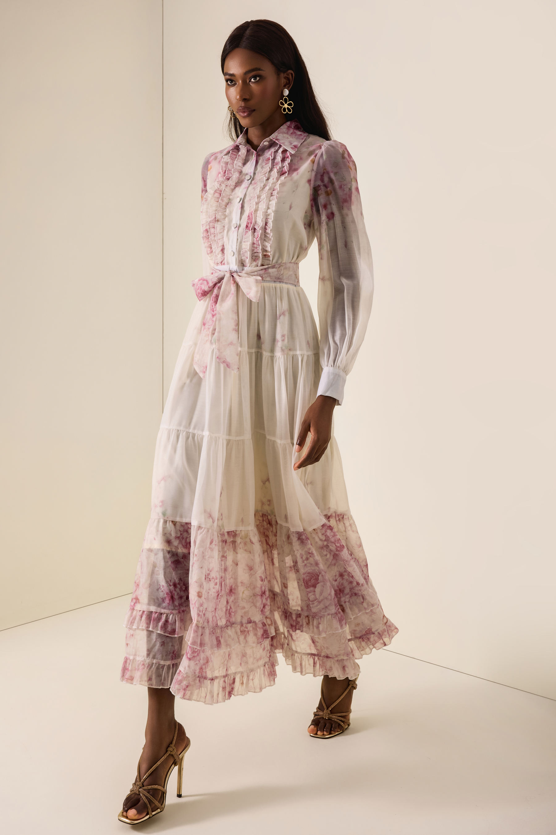Floral Print  Lace-Up Frill Midi Dress