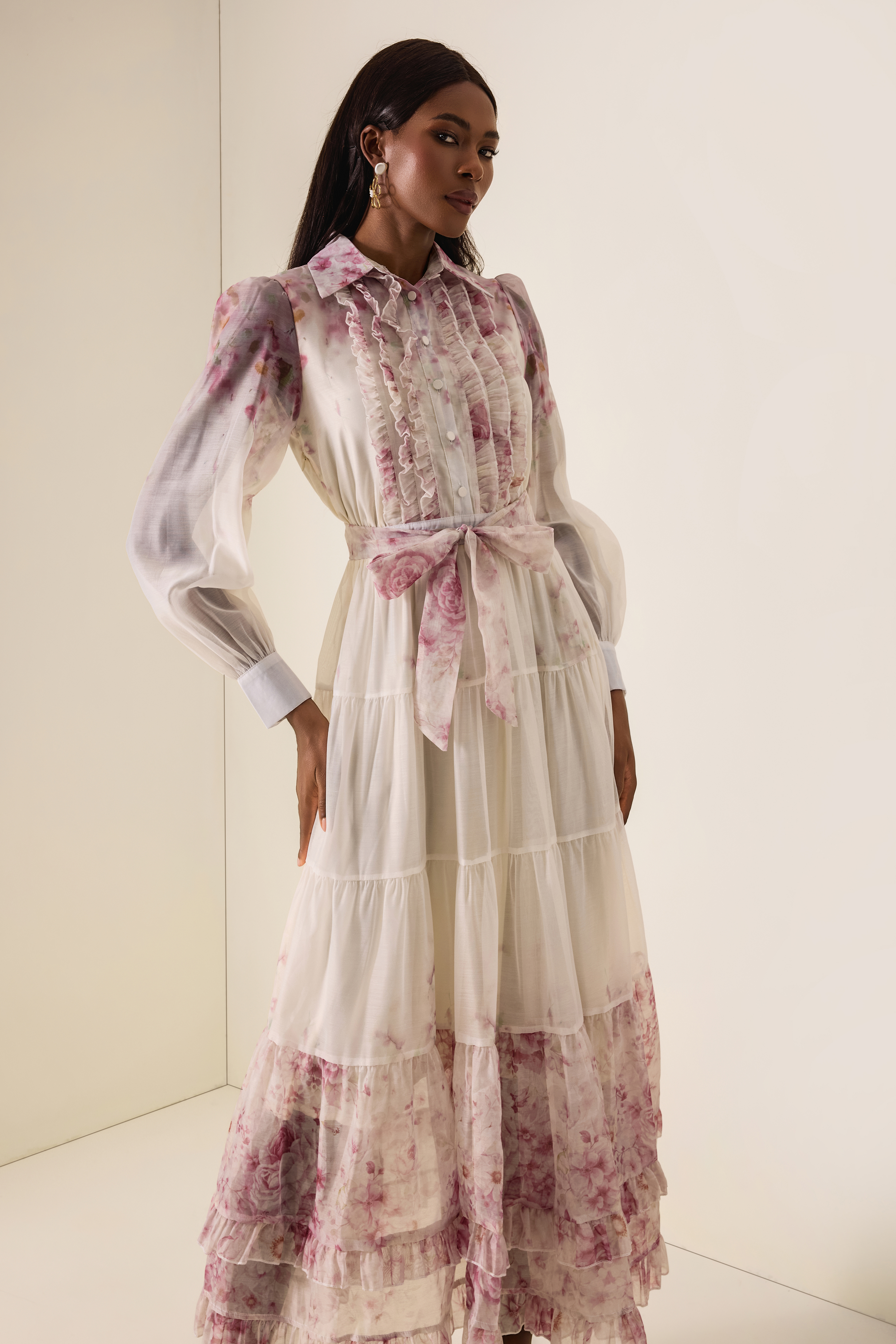Floral Print  Lace-Up Frill Midi Dress