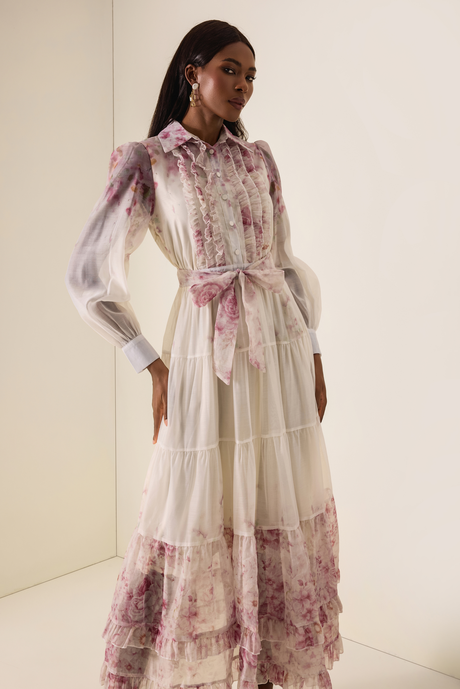 Floral Print  Lace-Up Frill Midi Dress
