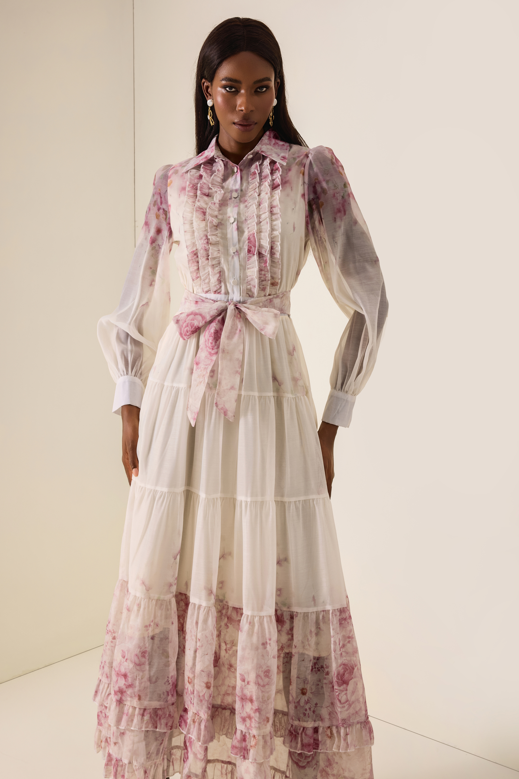 Floral Print  Lace-Up Frill Midi Dress