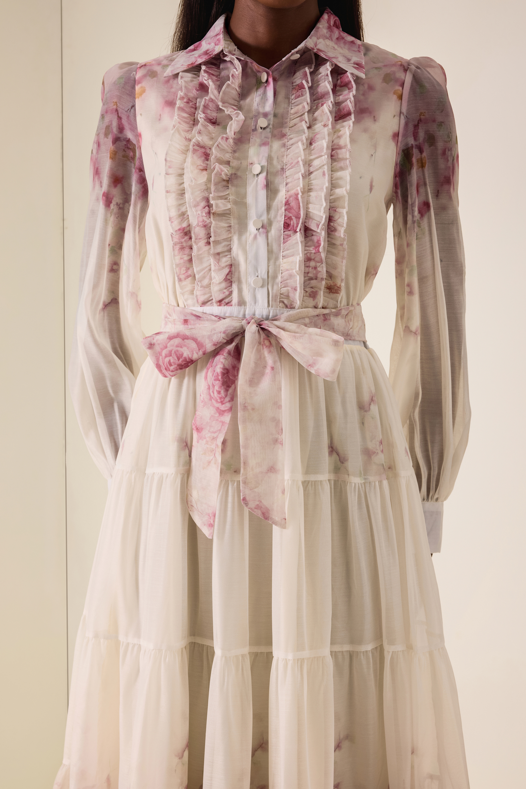 Floral Print  Lace-Up Frill Midi Dress