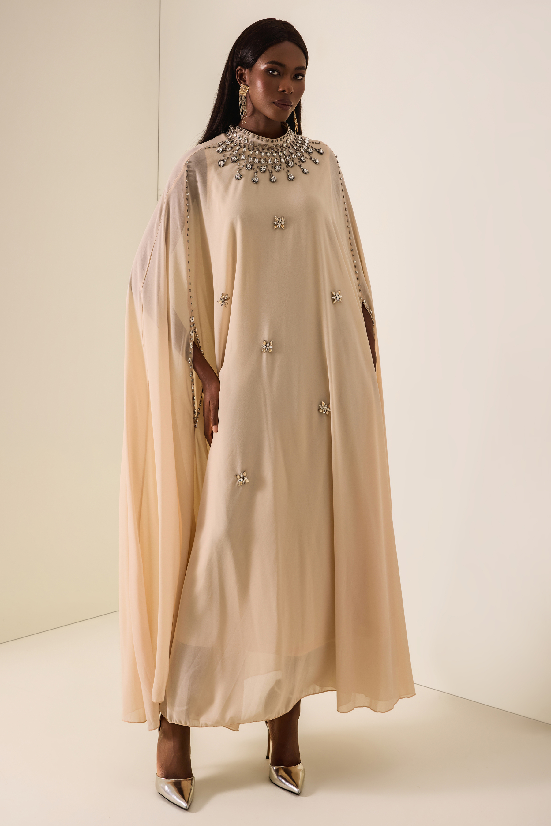 Chiffon Rhinestone Rivets Cape Midi Dress