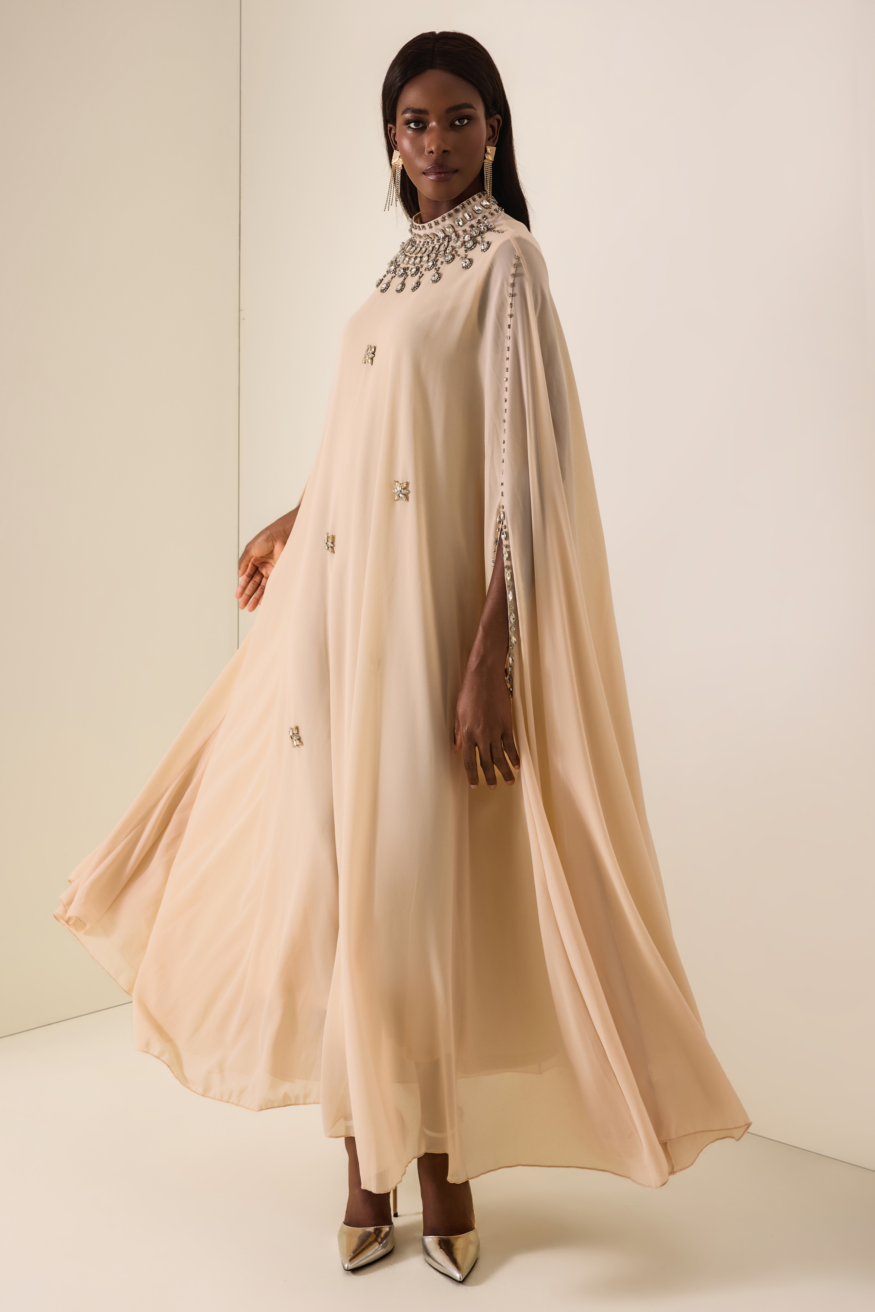 Chiffon Rhinestone Rivets Cape Midi Dress
