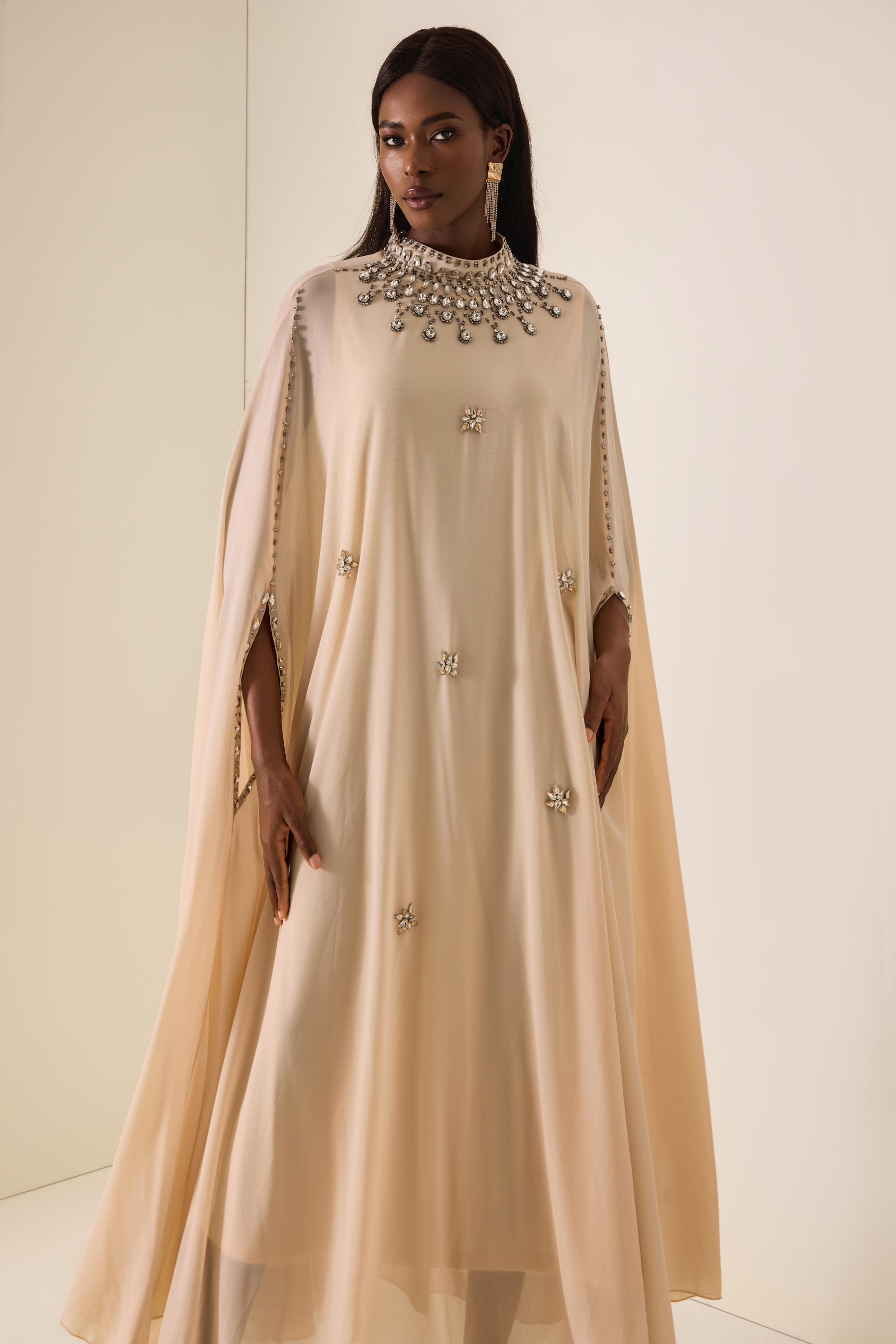 Chiffon Rhinestone Rivets Cape Midi Dress