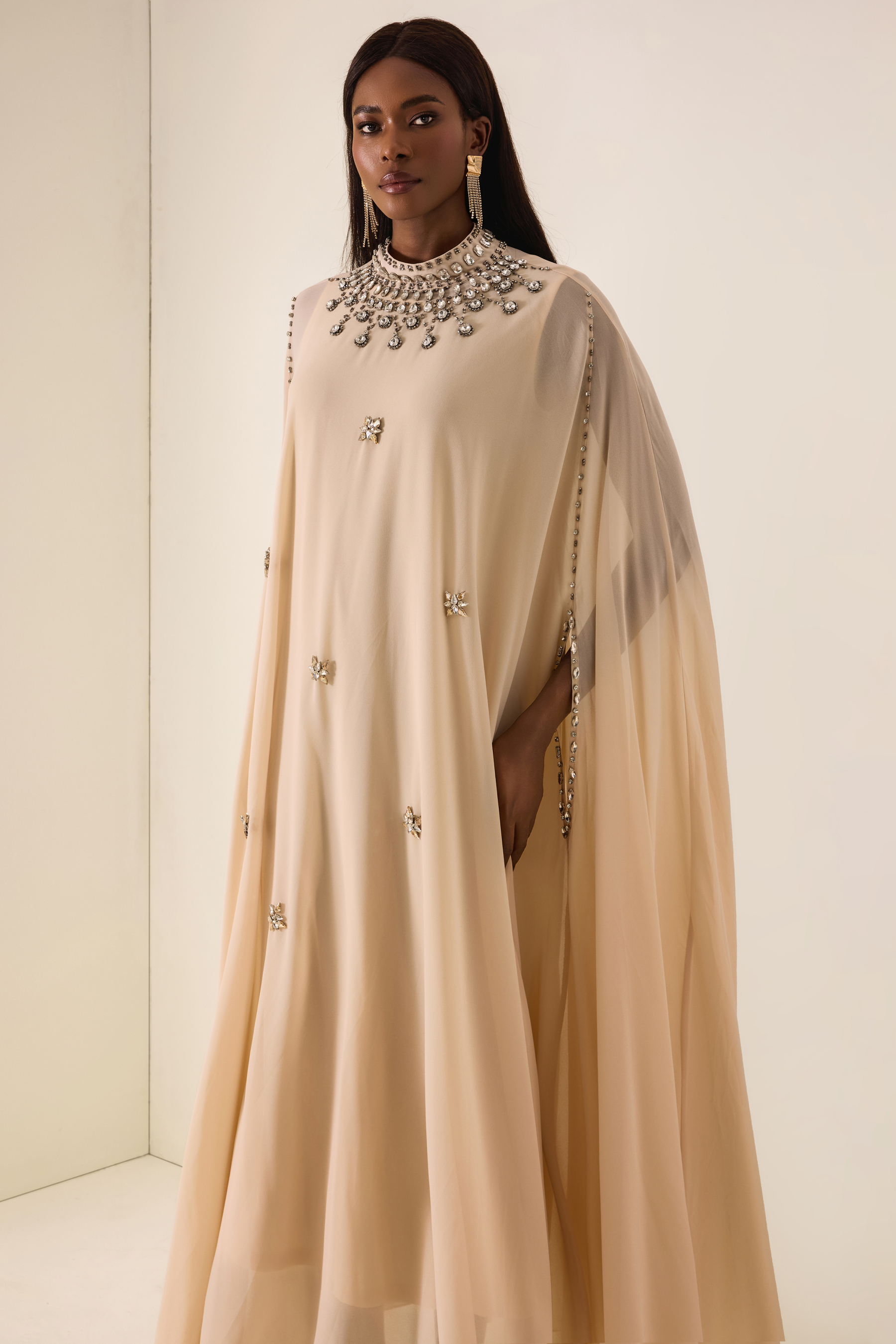 Chiffon Rhinestone Rivets Cape Midi Dress