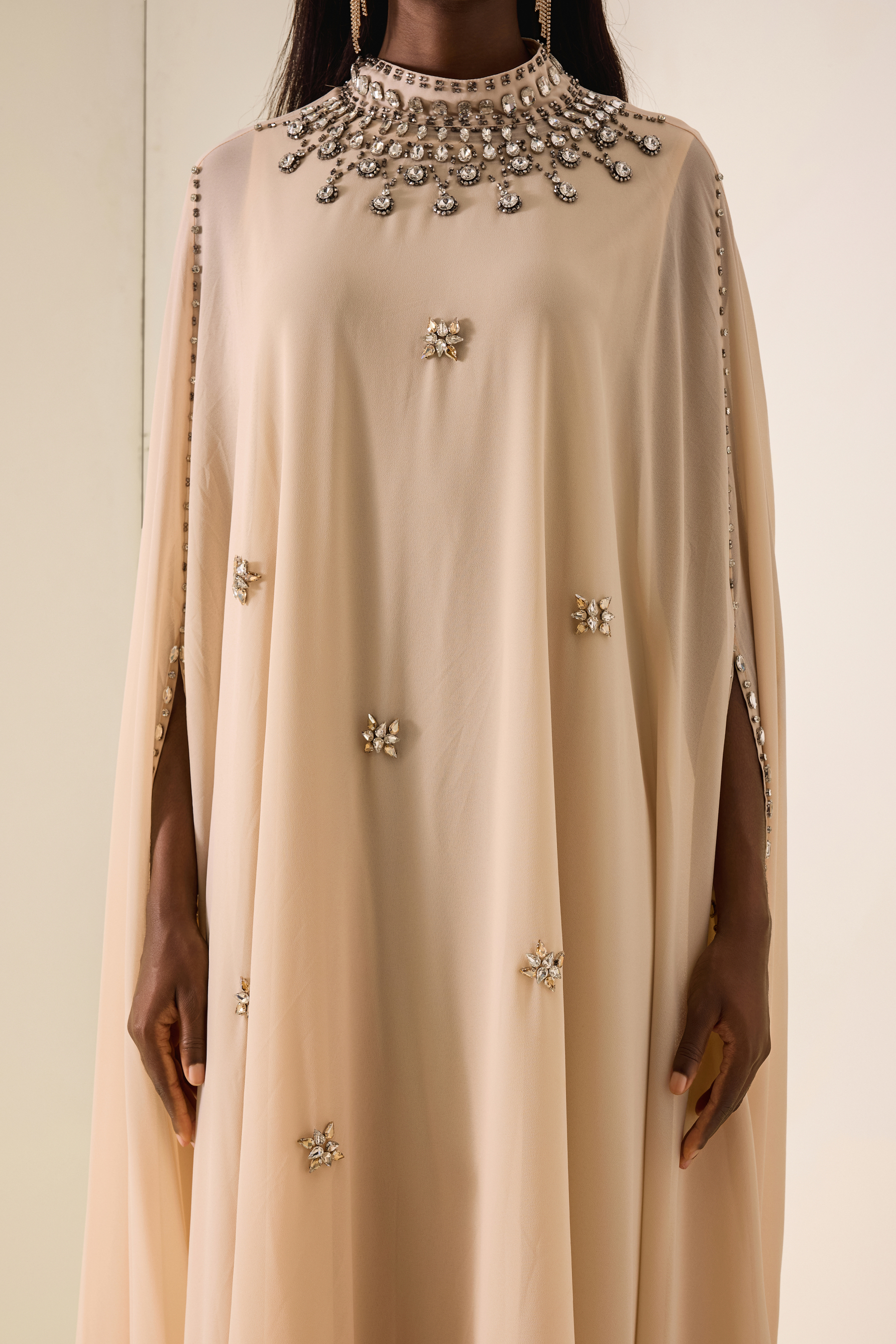 Chiffon Rhinestone Rivets Cape Midi Dress