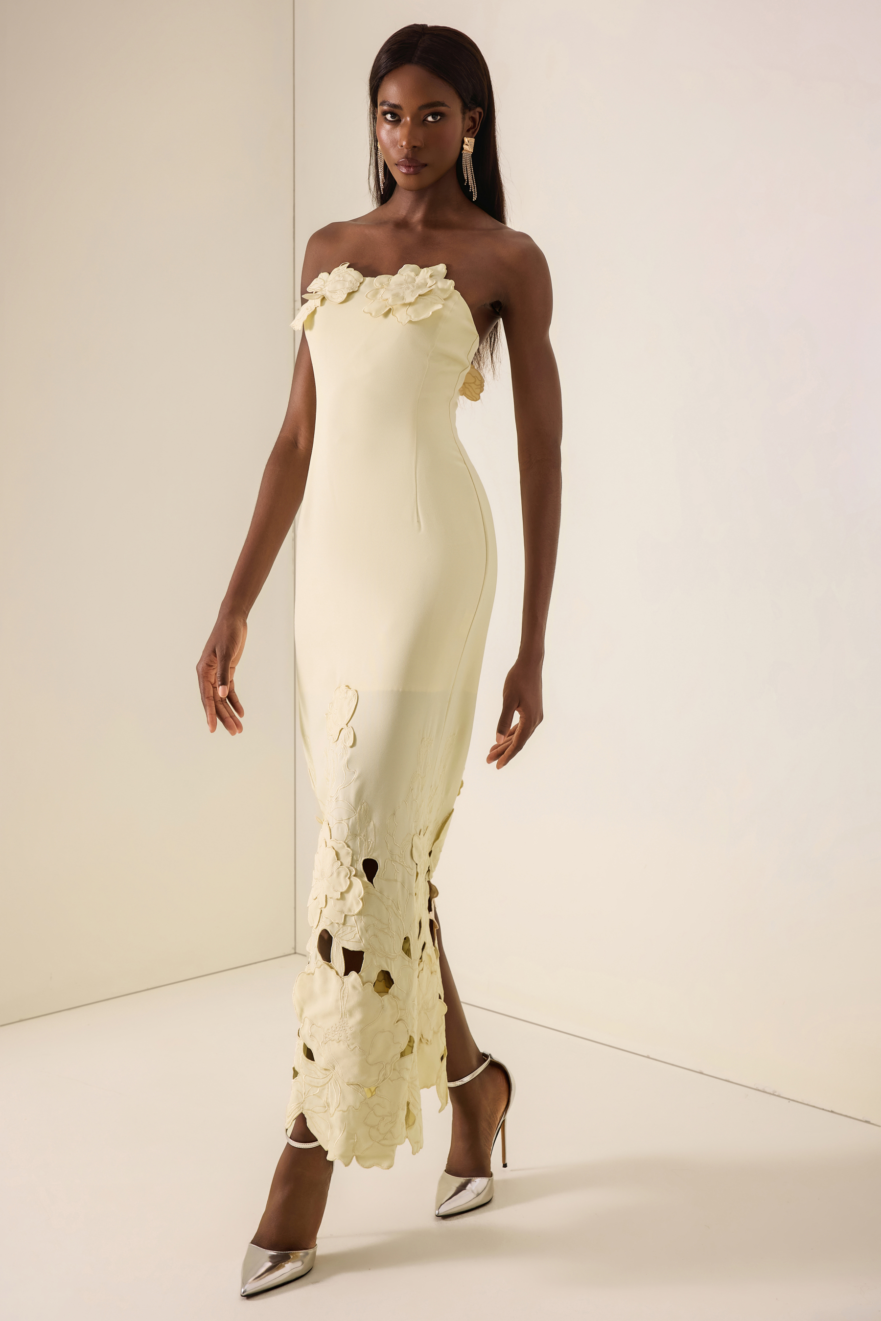 Off-Shoulder Floral Appliquéd Midi Dress