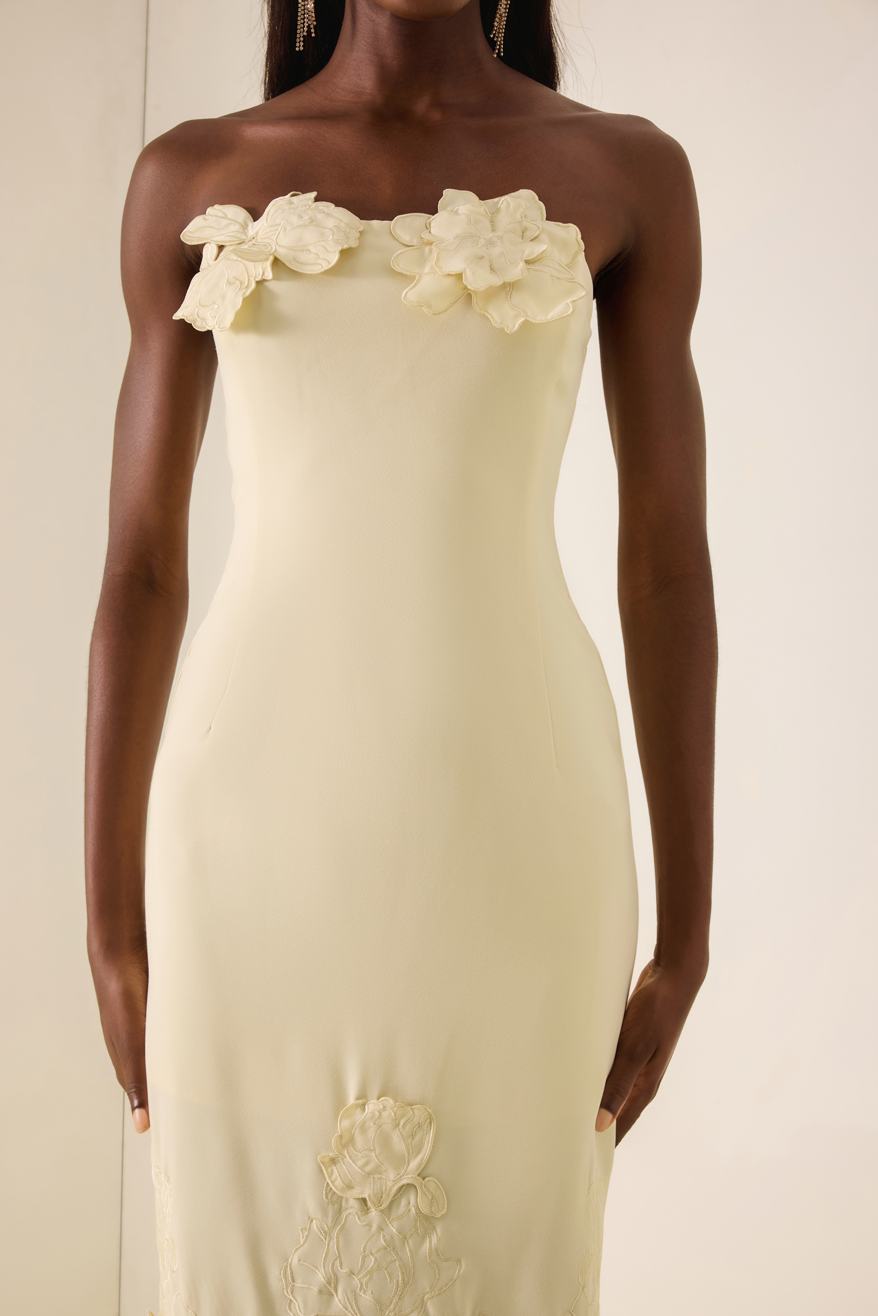Off-Shoulder Floral Appliquéd Midi Dress