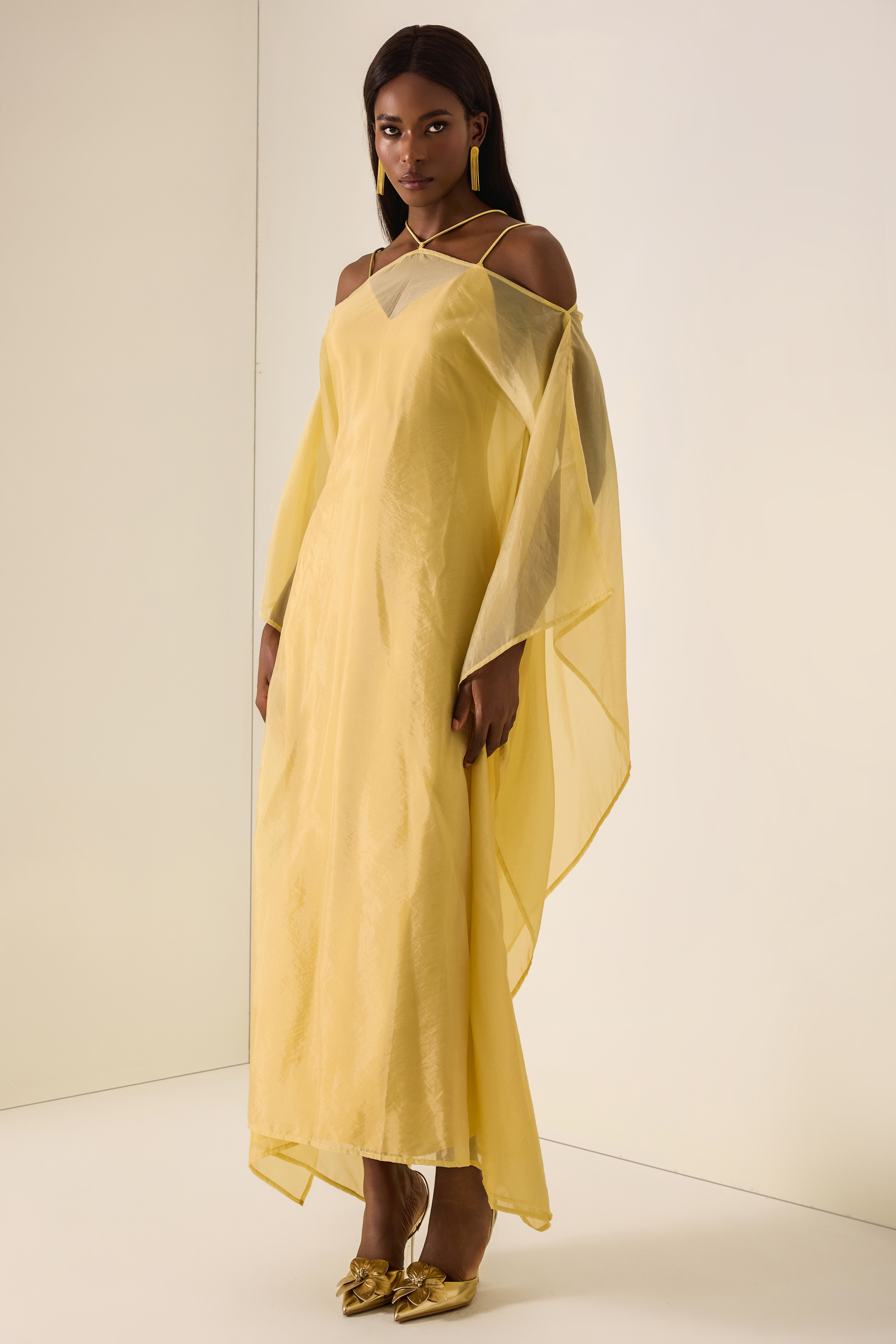 Solid Slip Maxi Dress & Organza Kaftan Set