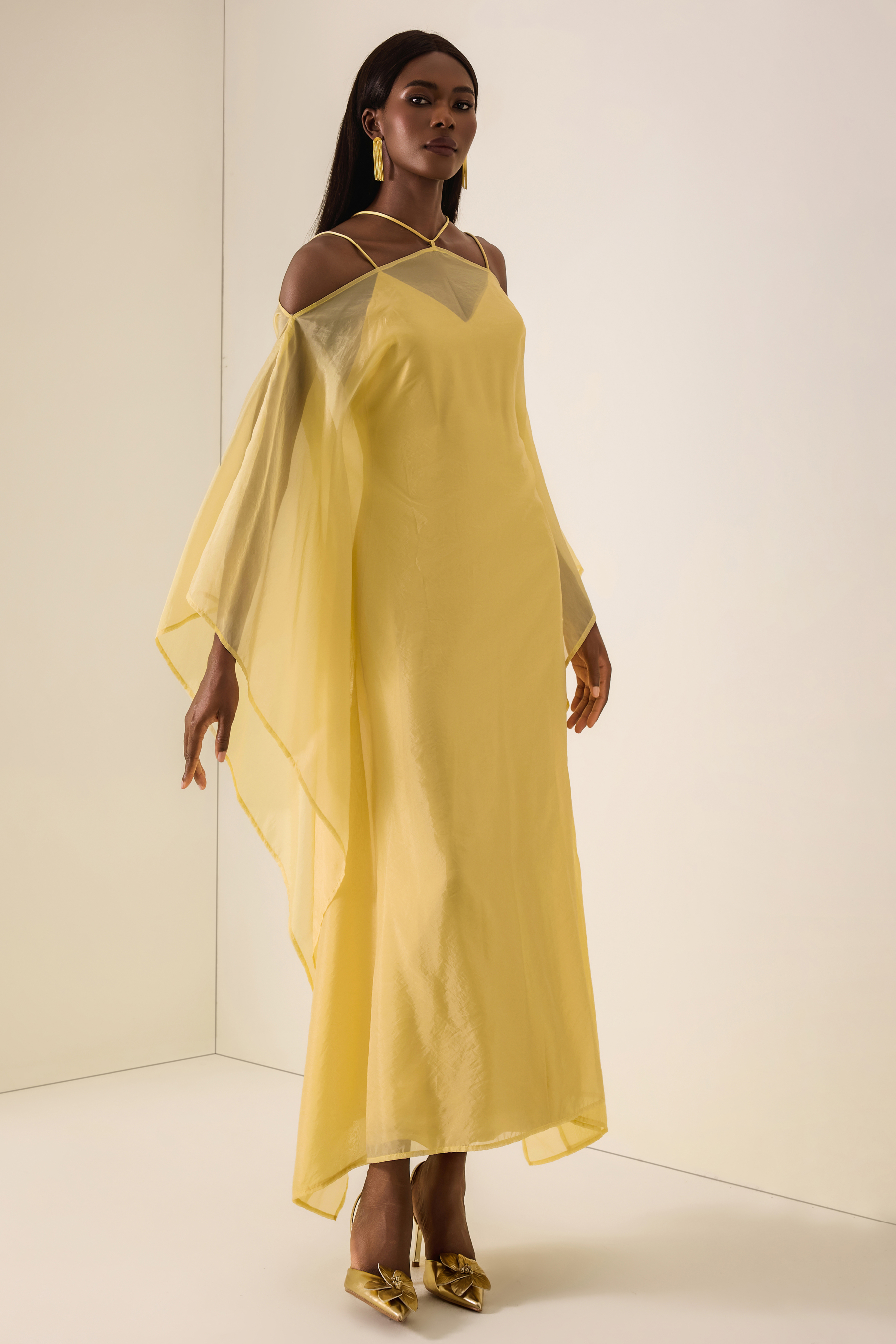 Solid Slip Maxi Dress & Organza Kaftan Set