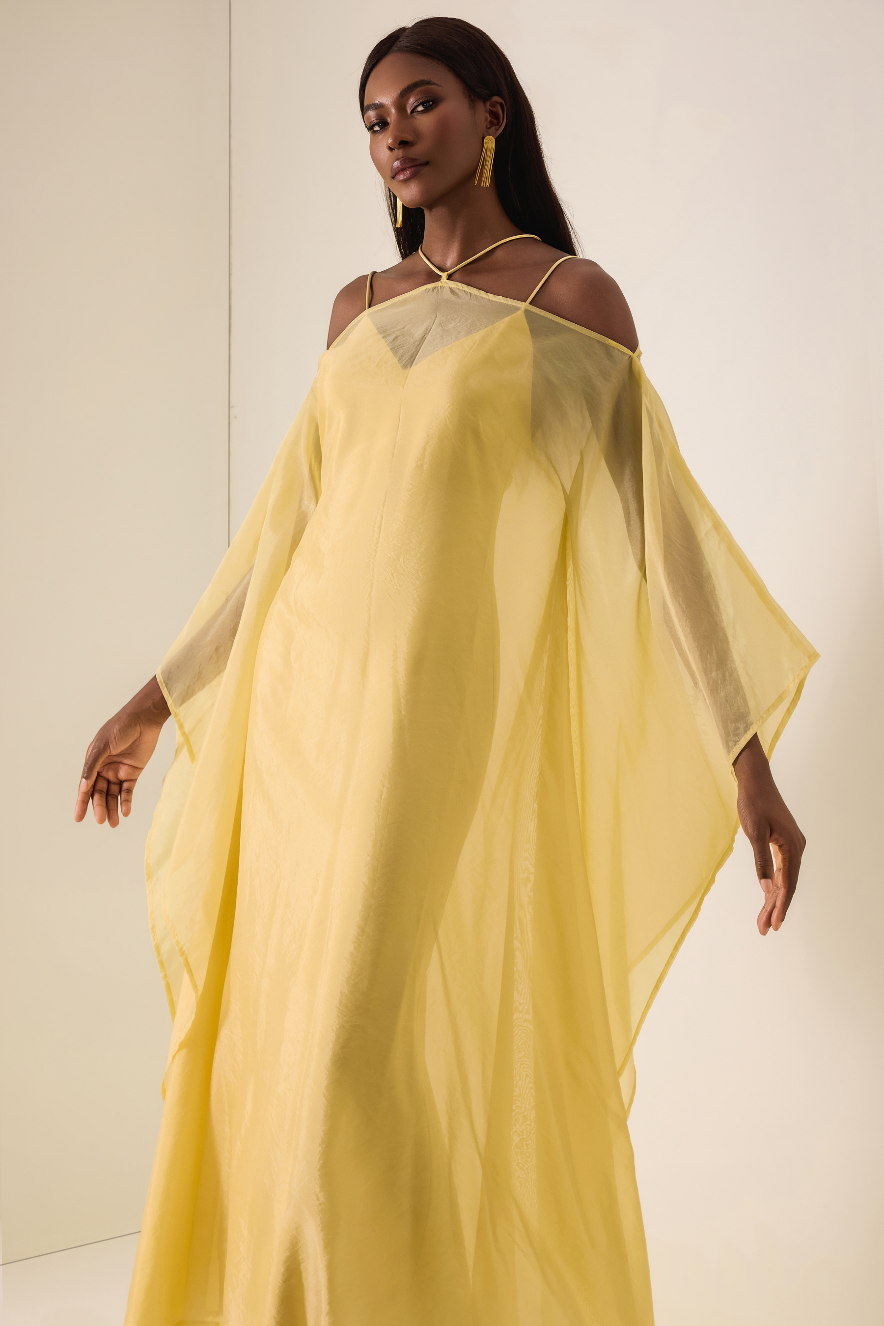 Solid Slip Maxi Dress & Organza Kaftan Set