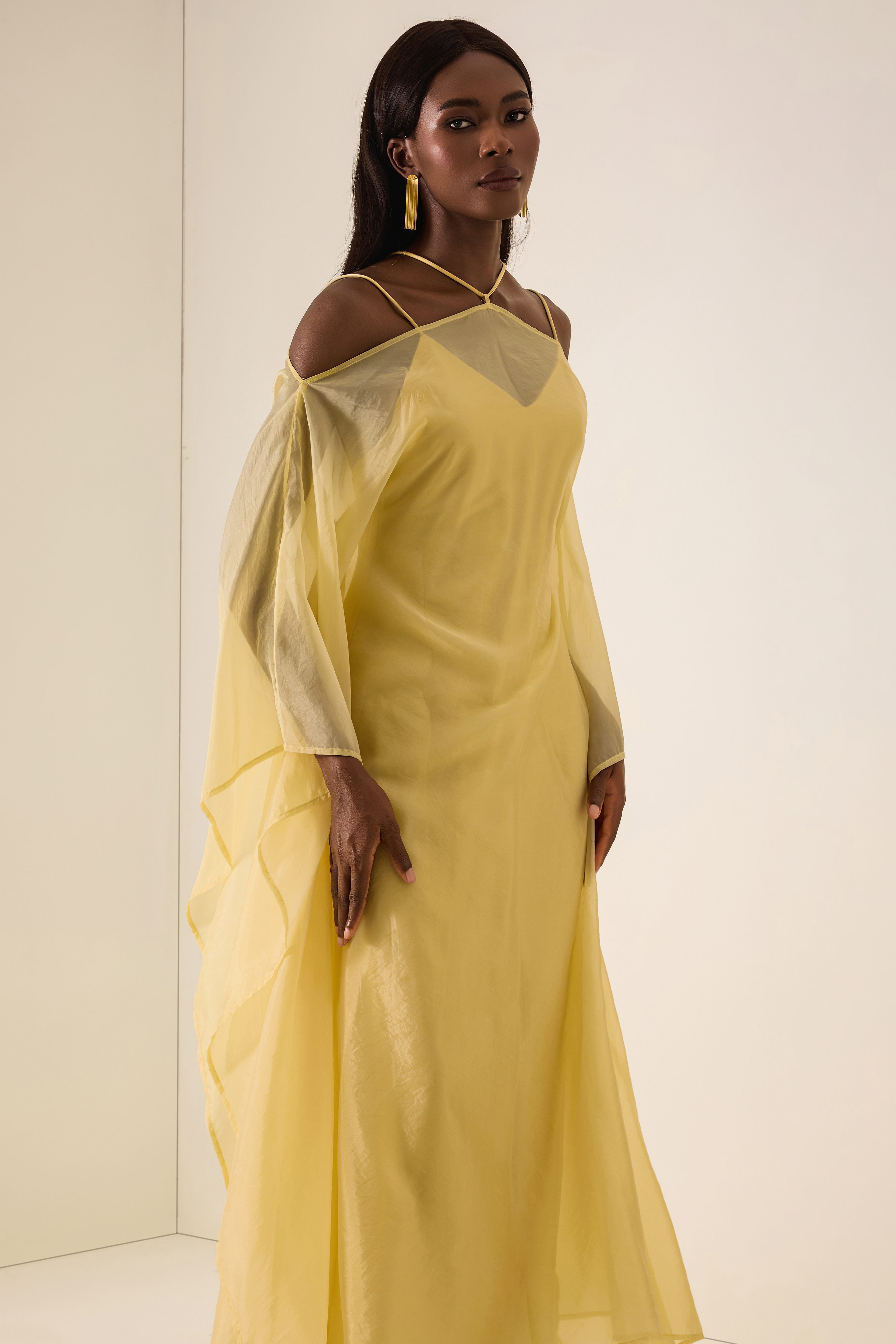 Solid Slip Maxi Dress & Organza Kaftan Set