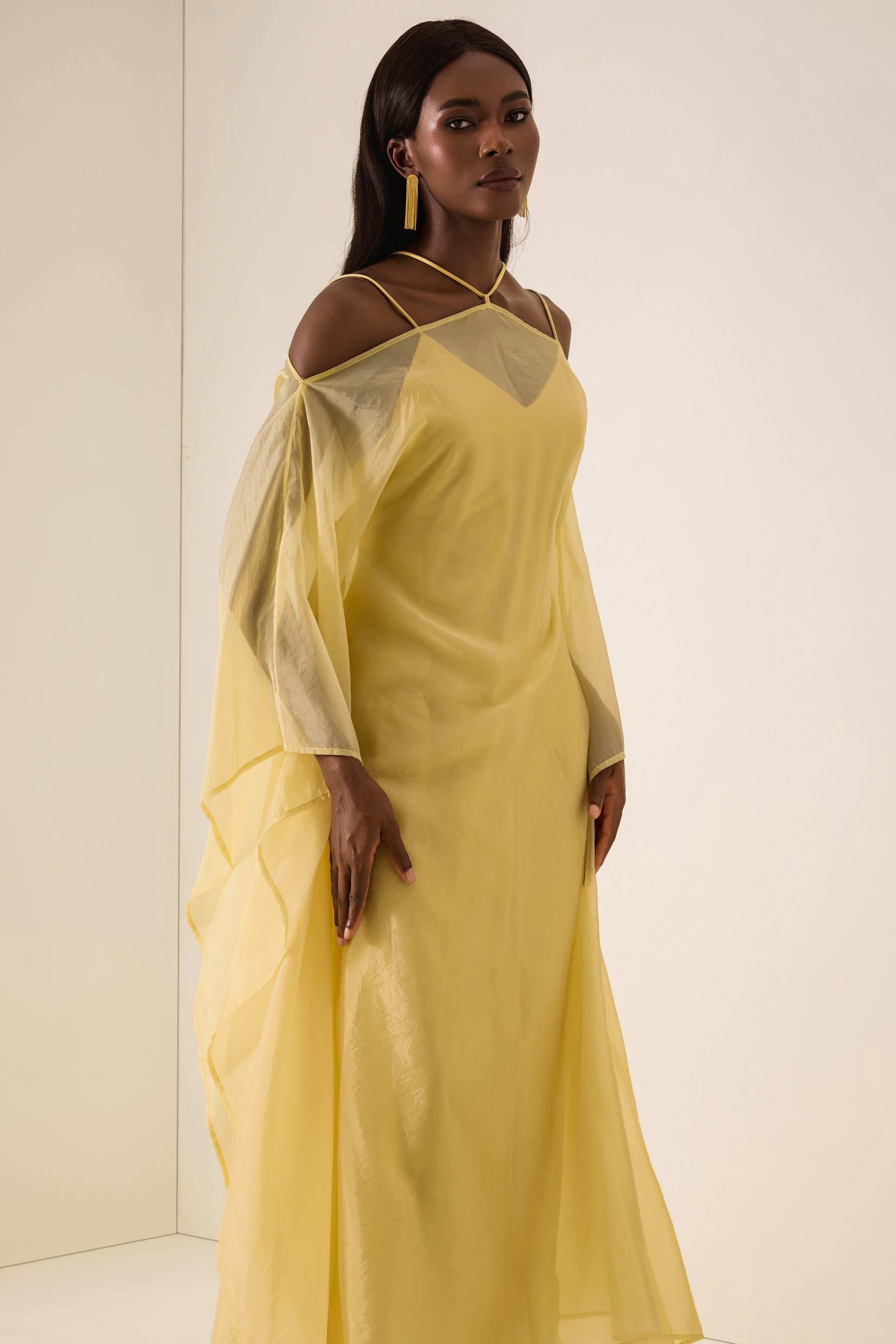 Solid Slip Maxi Dress & Organza Kaftan Set