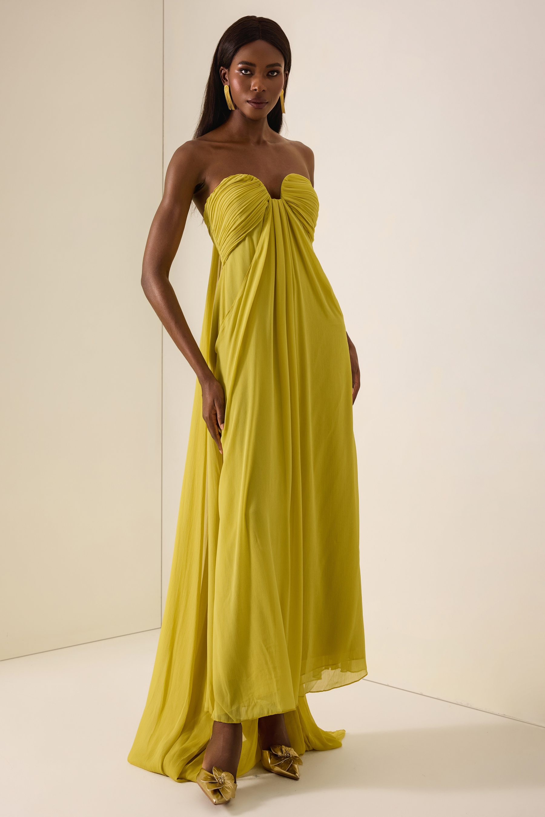Chiffon Gathering Off-Shoulder Maxi Dress