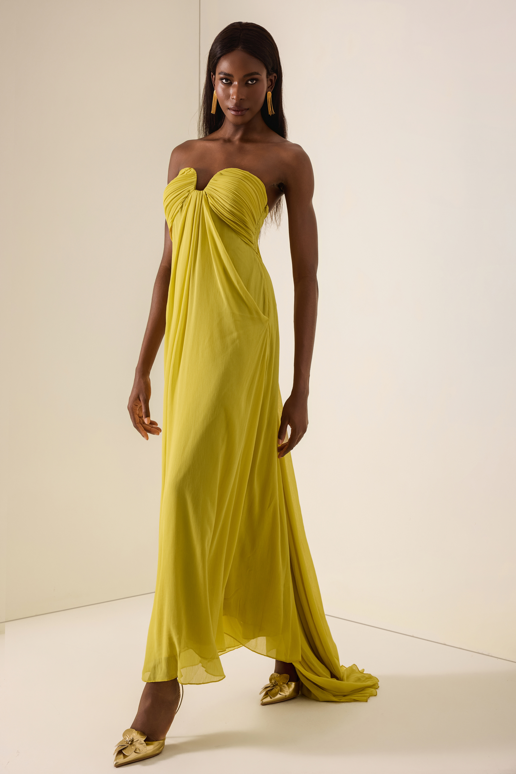 Chiffon Gathering Off-Shoulder Maxi Dress