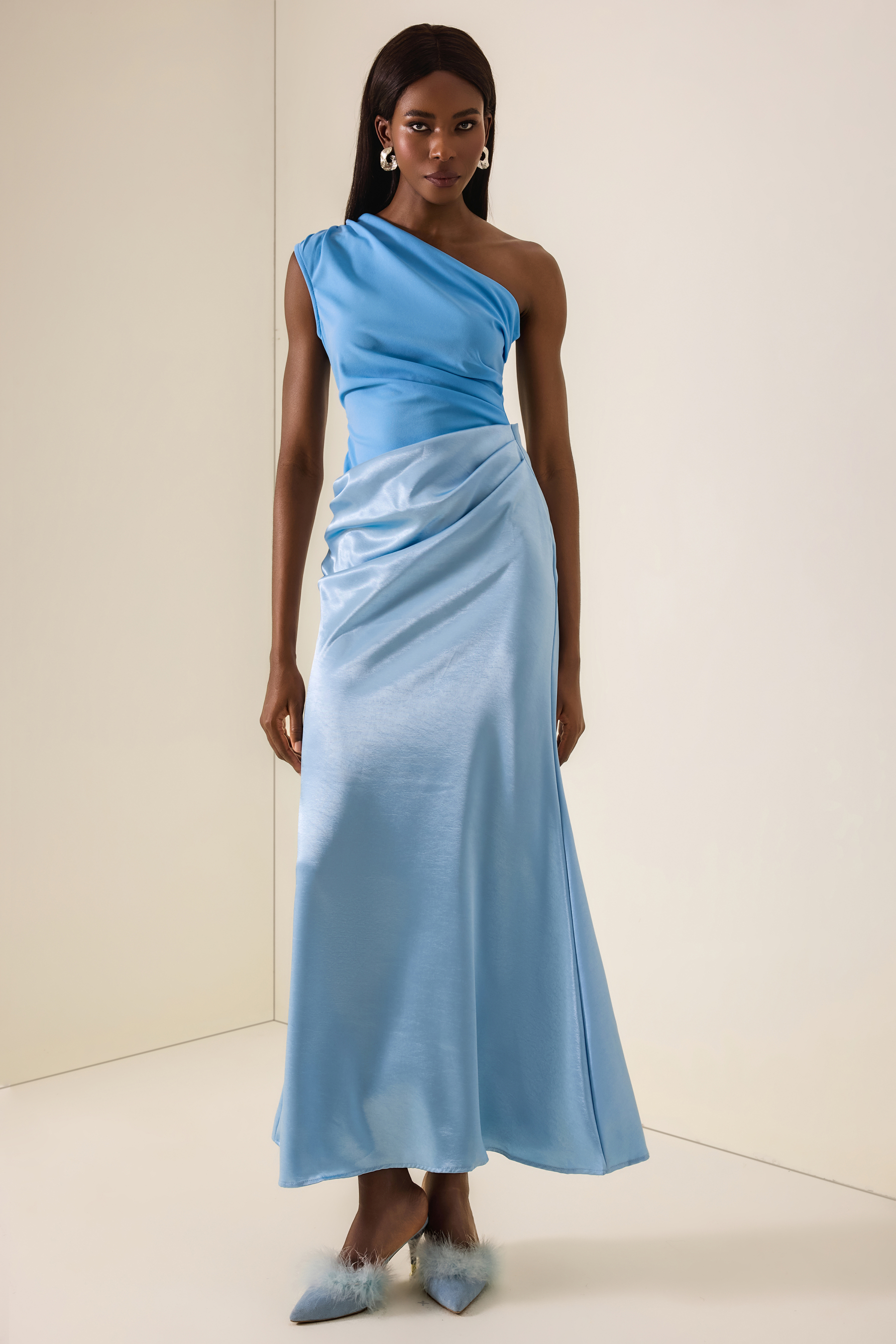 One Shoulder Pleat Maxi Dress