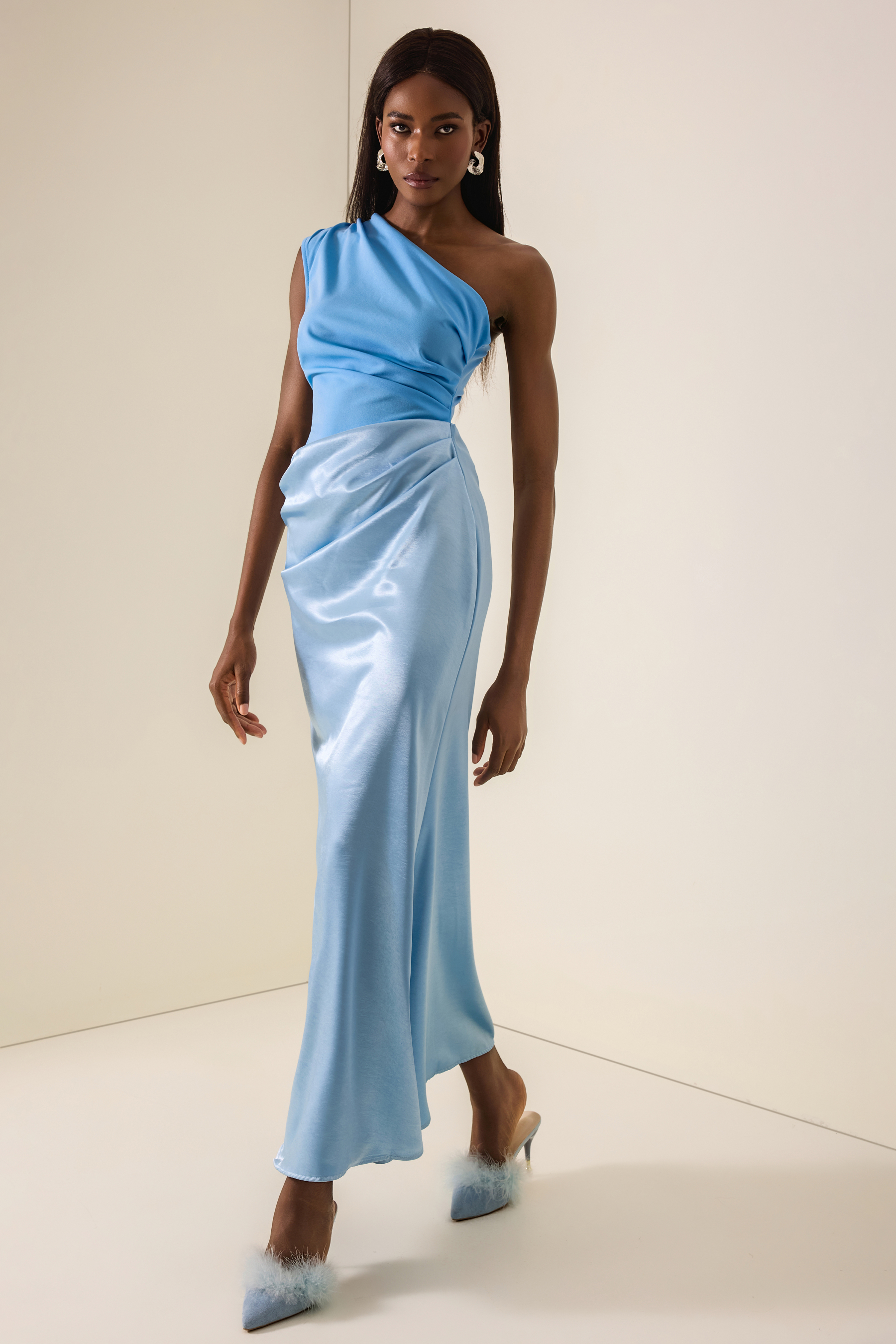 One Shoulder Pleat Maxi Dress