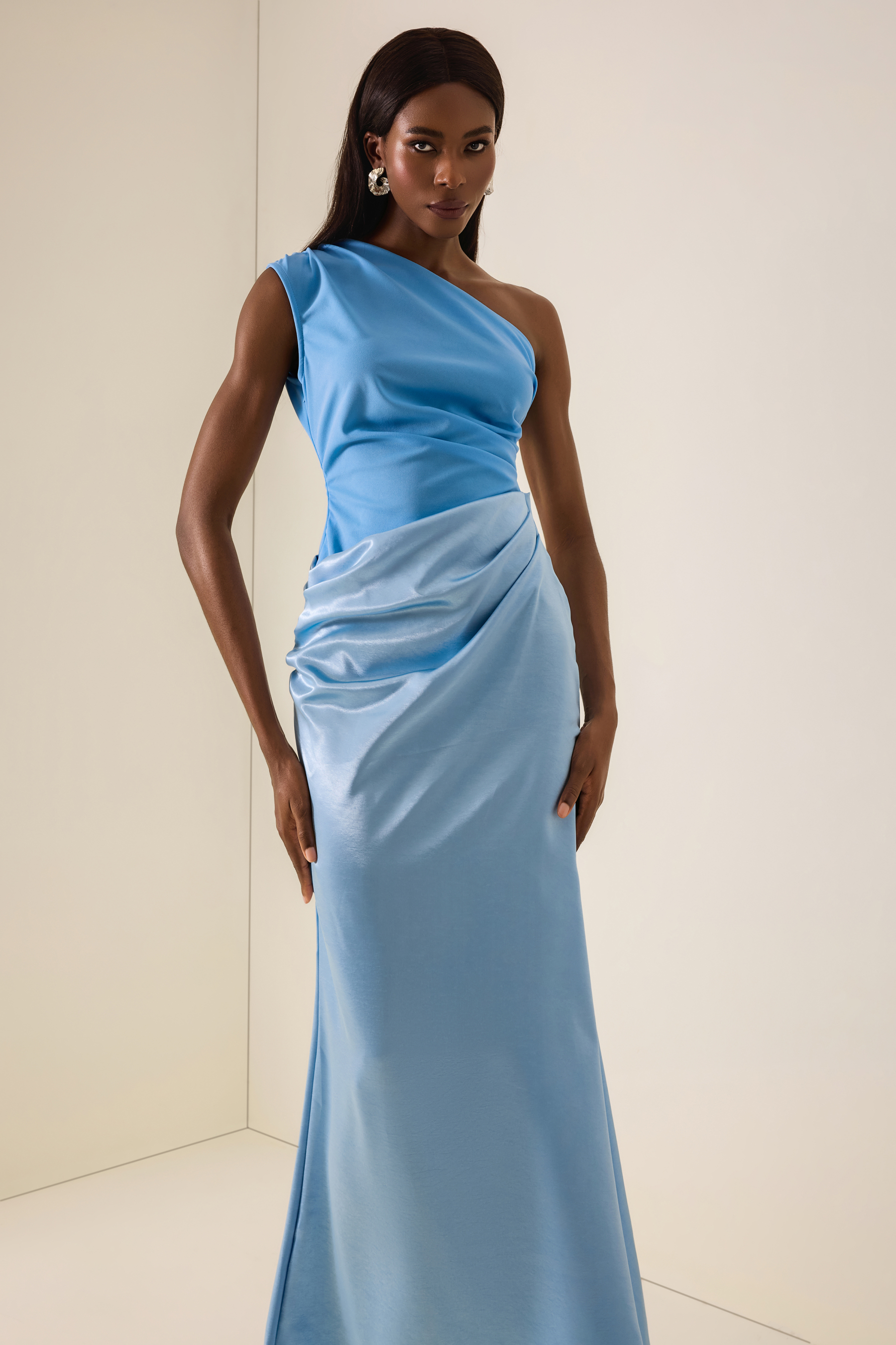 One Shoulder Pleat Maxi Dress