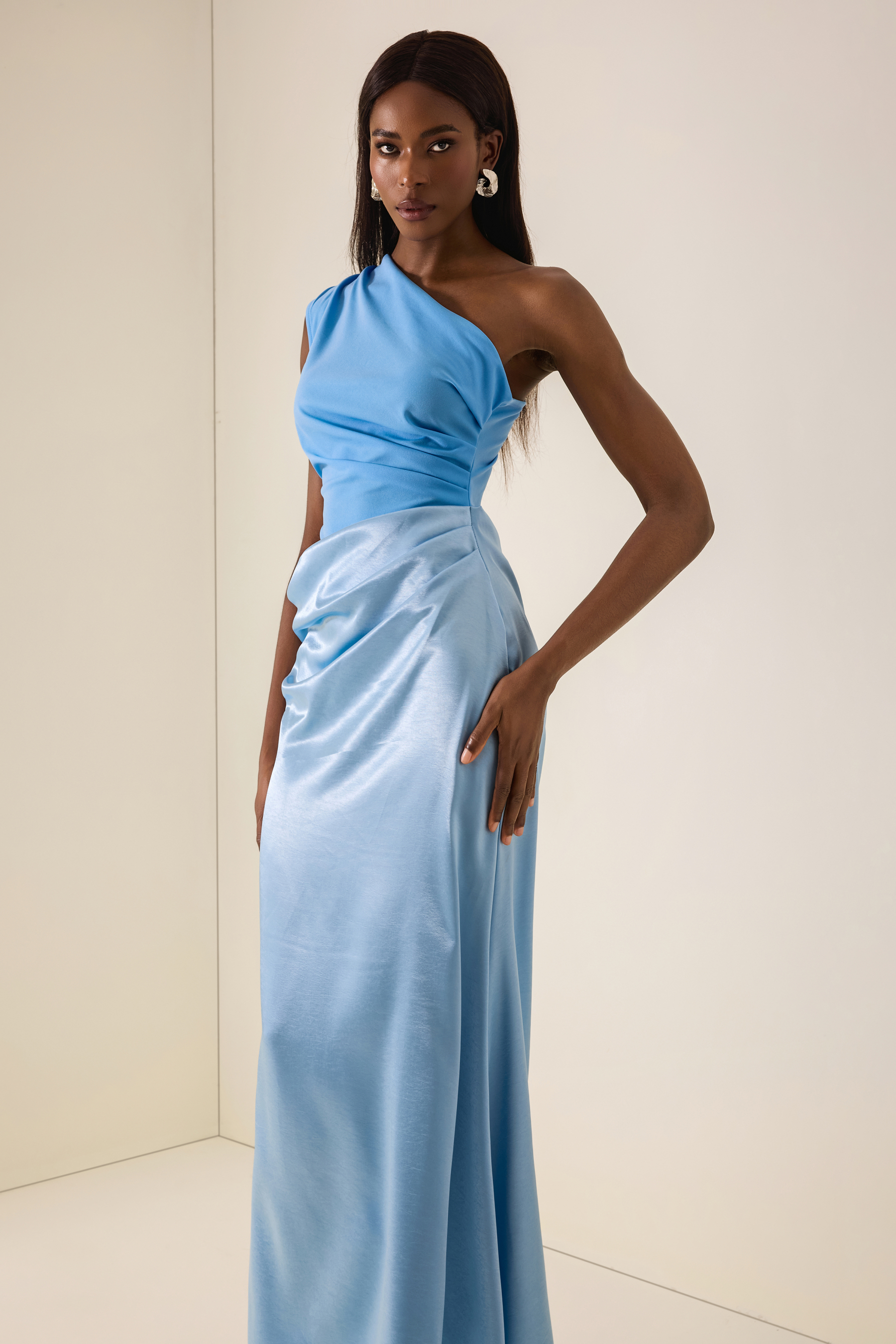 One Shoulder Pleat Maxi Dress