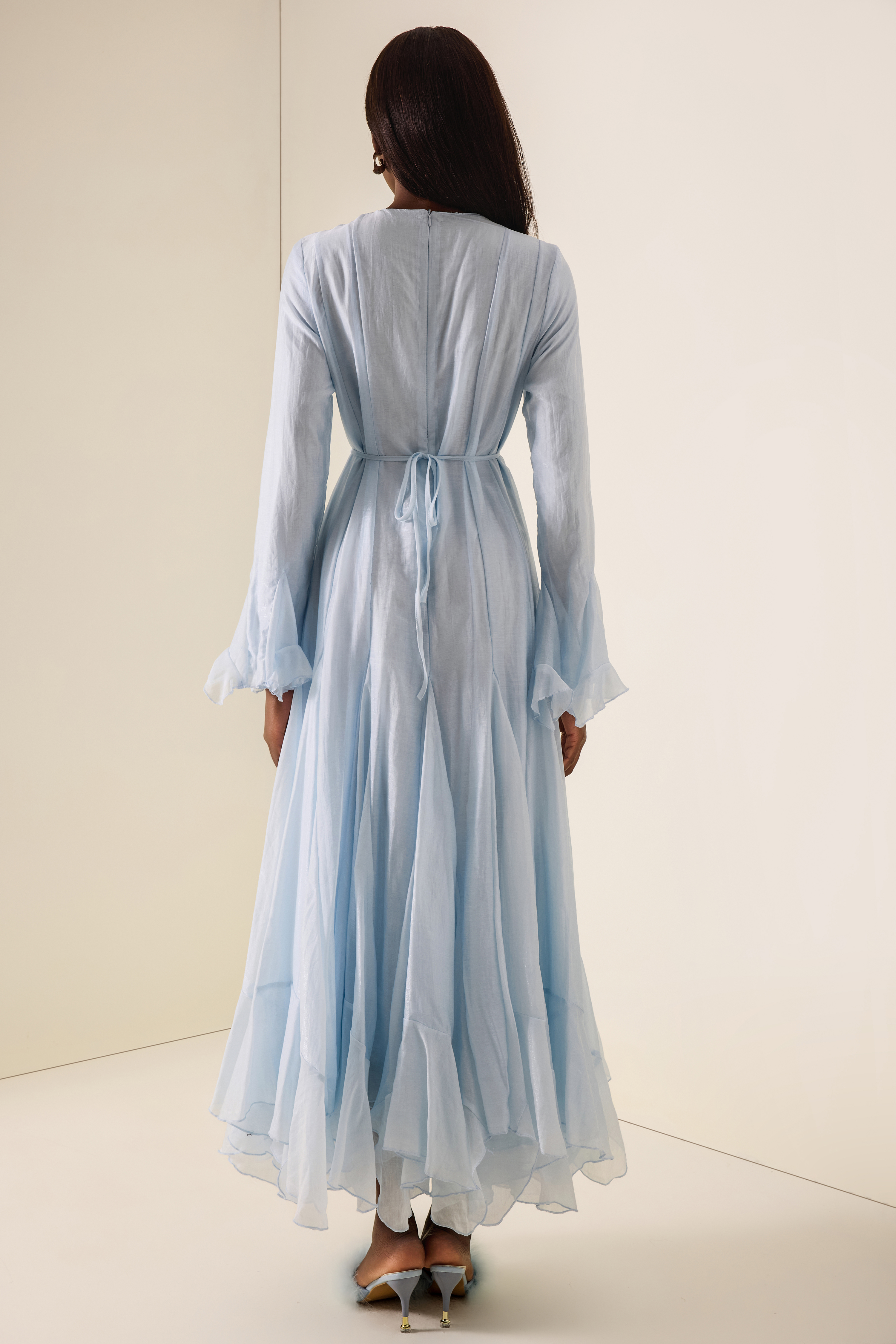 Ruffle Single Breasted Bell Sleeve Midi Dress